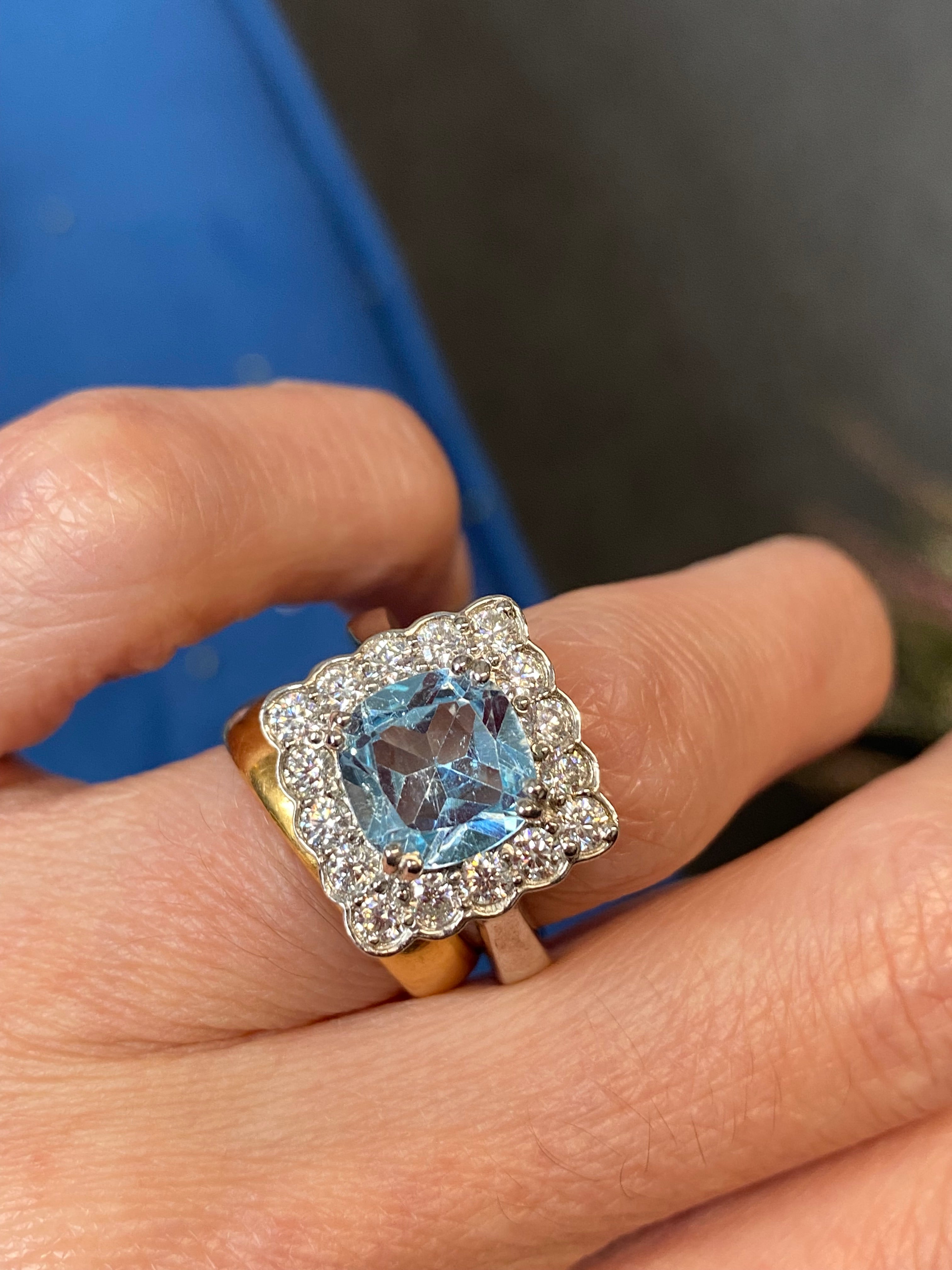 4.29 CTW Cushion Cut Blue Topaz and Moissanite Halo Cocktail Ring in Sterling Silver