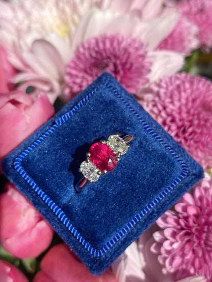 1.34 Carat Ruby and 0.66 Natural Diamond Three Stone Ring in Platinum