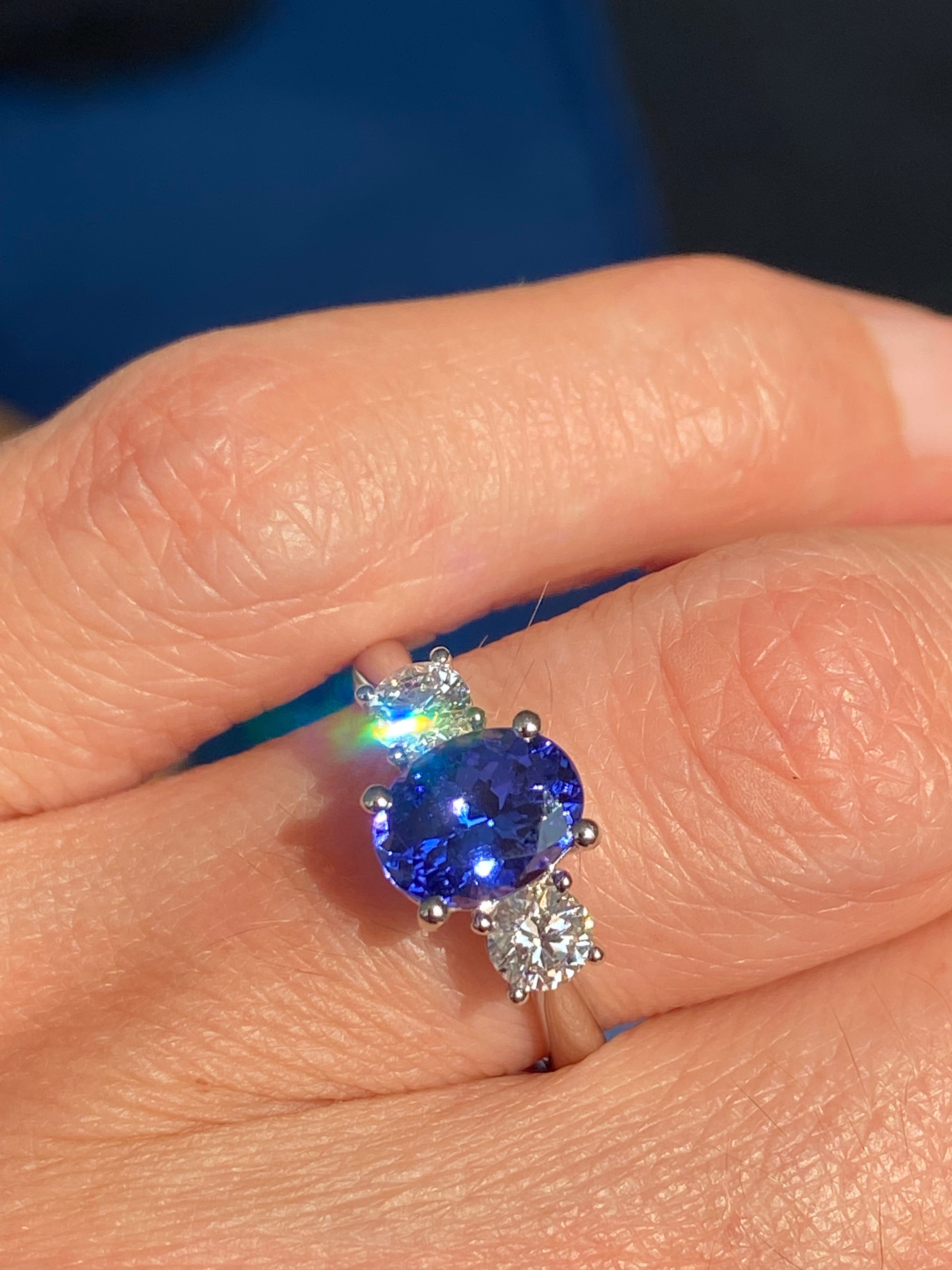 2.08 CTW Tanzanite and Natural Diamond Three Stone Ring in Platinum