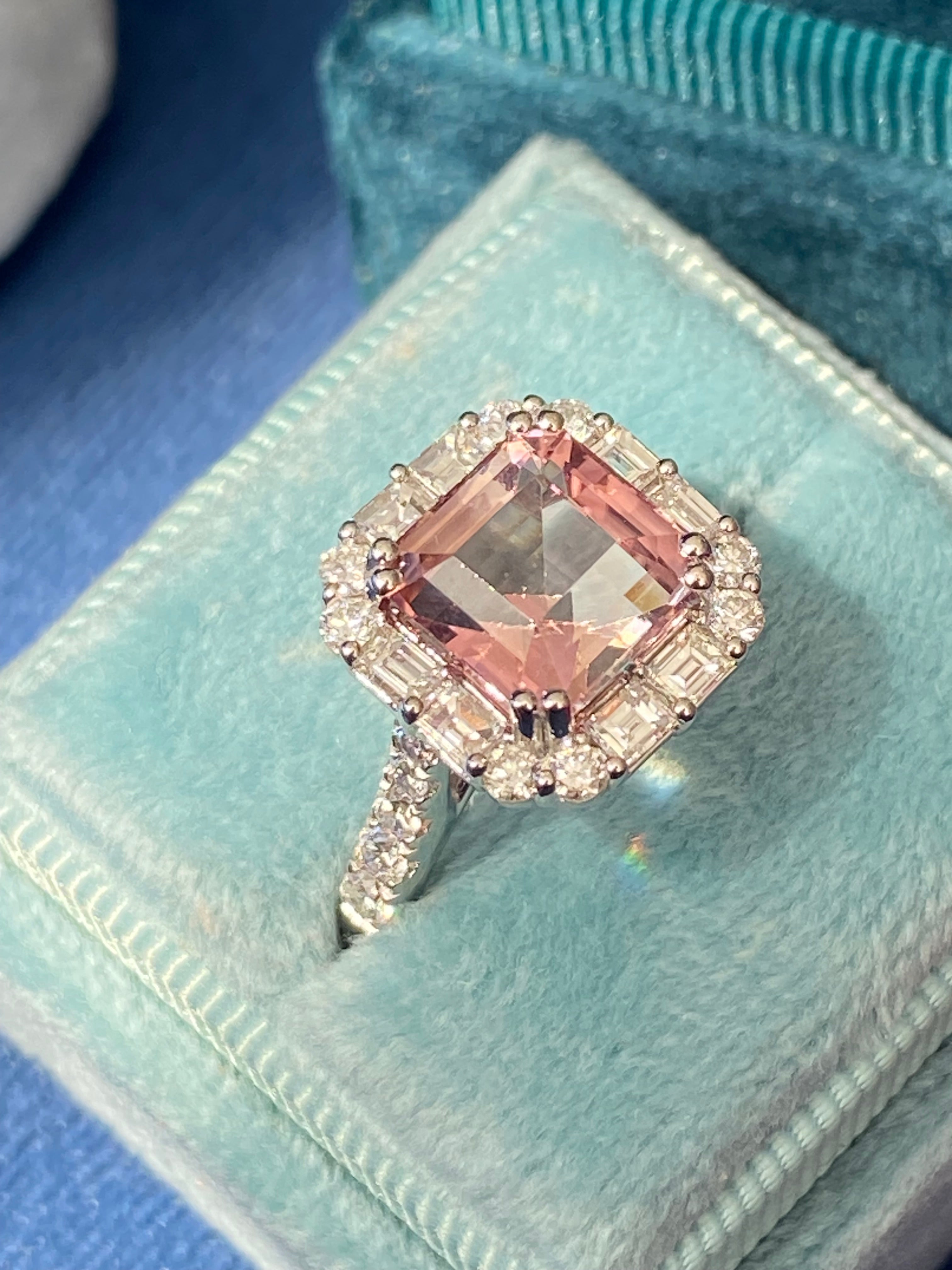 4.71 CTW Emerald Cut Pink Tourmaline and Natural Diamond Halo Ring in Platinum