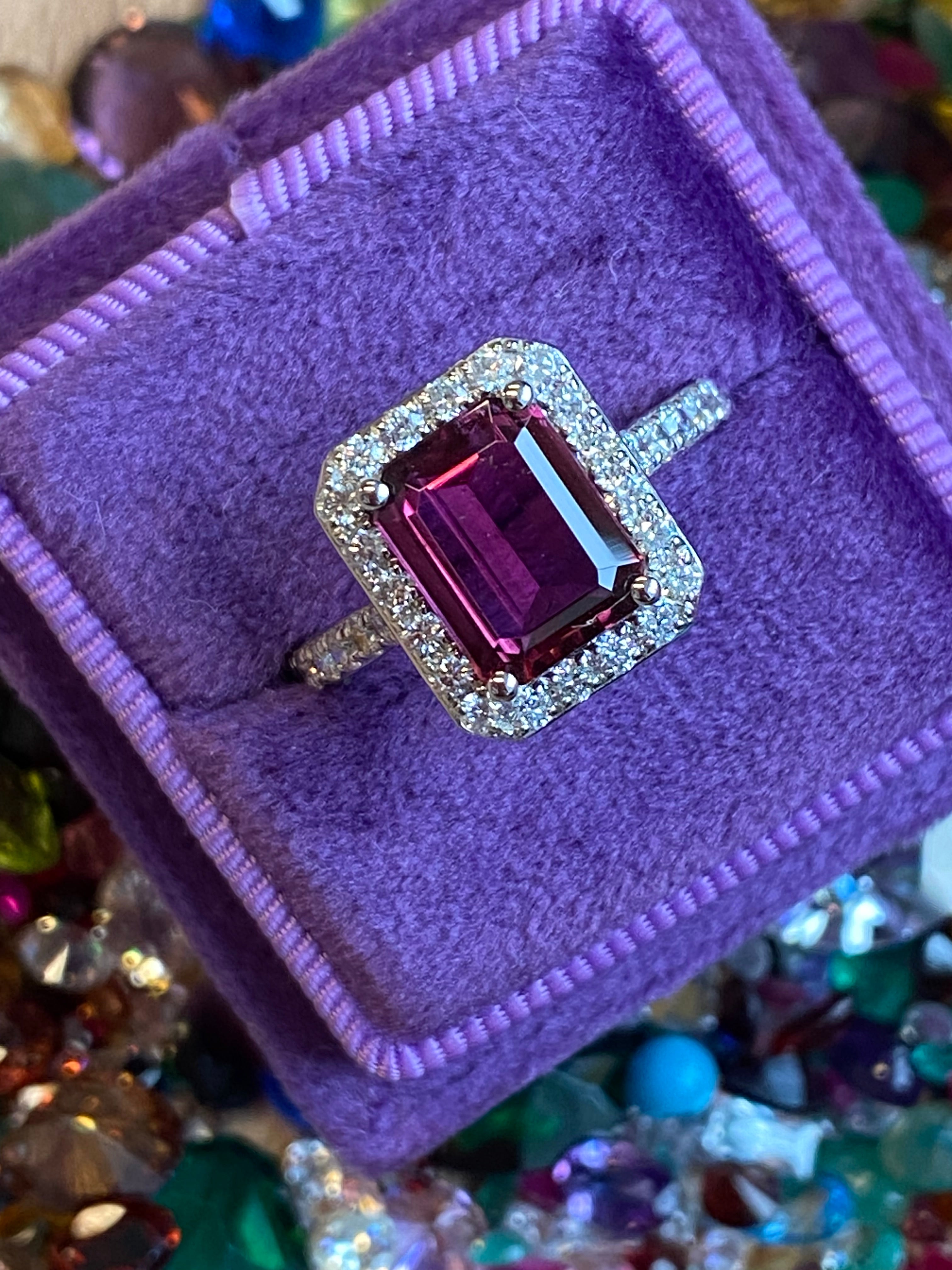 2.71 CTW Emerald Cut Pink Tourmaline and Natural Diamond Halo Ring in Platinum