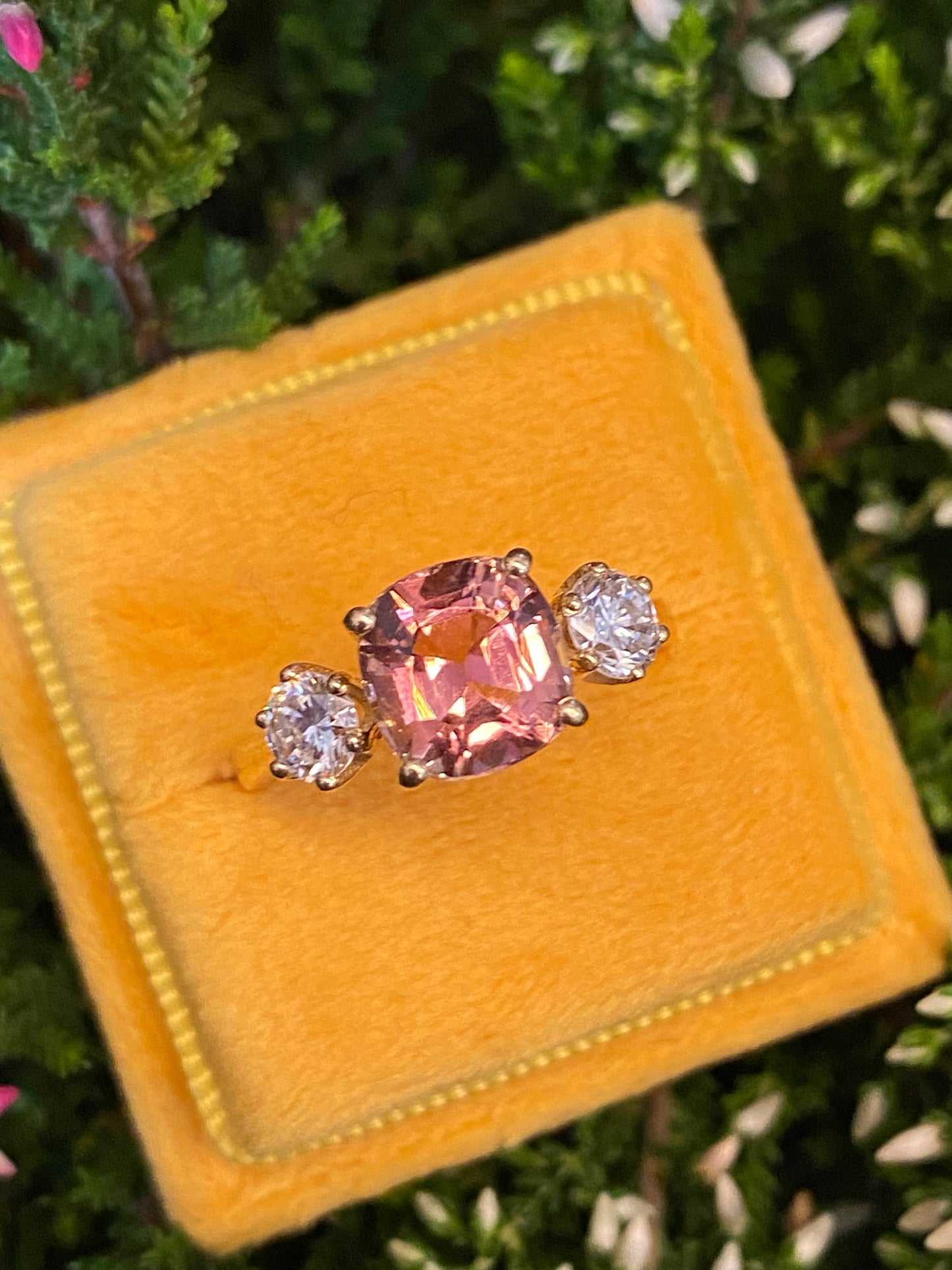 3.12ctw Pink Tourmaline and Natural Diamond Three Stone Ring in 18ct Yellow Gold