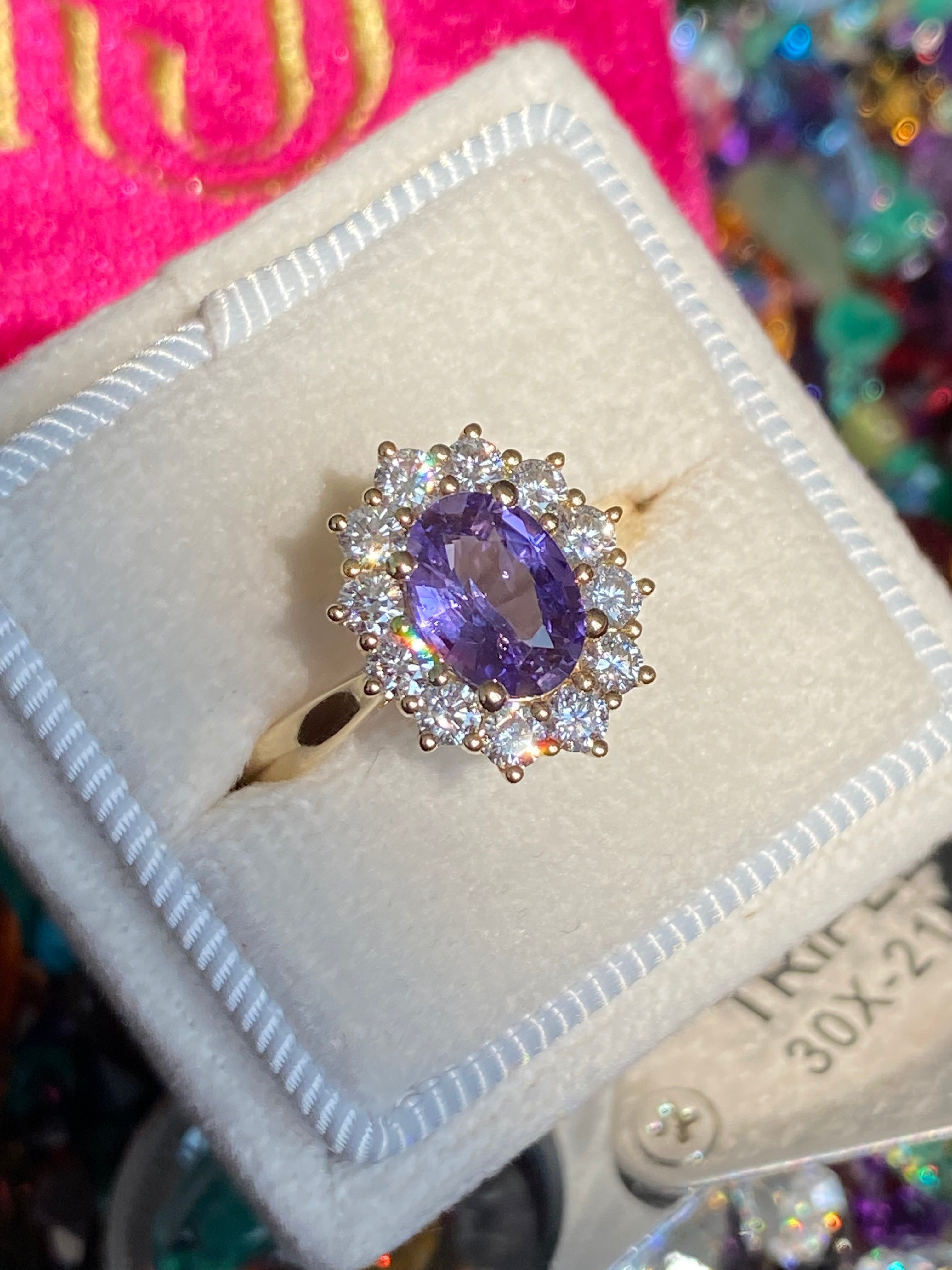 2.08 CTW Violet Sapphire and Natural Diamond Halo Ring in 18ct Yellow Gold