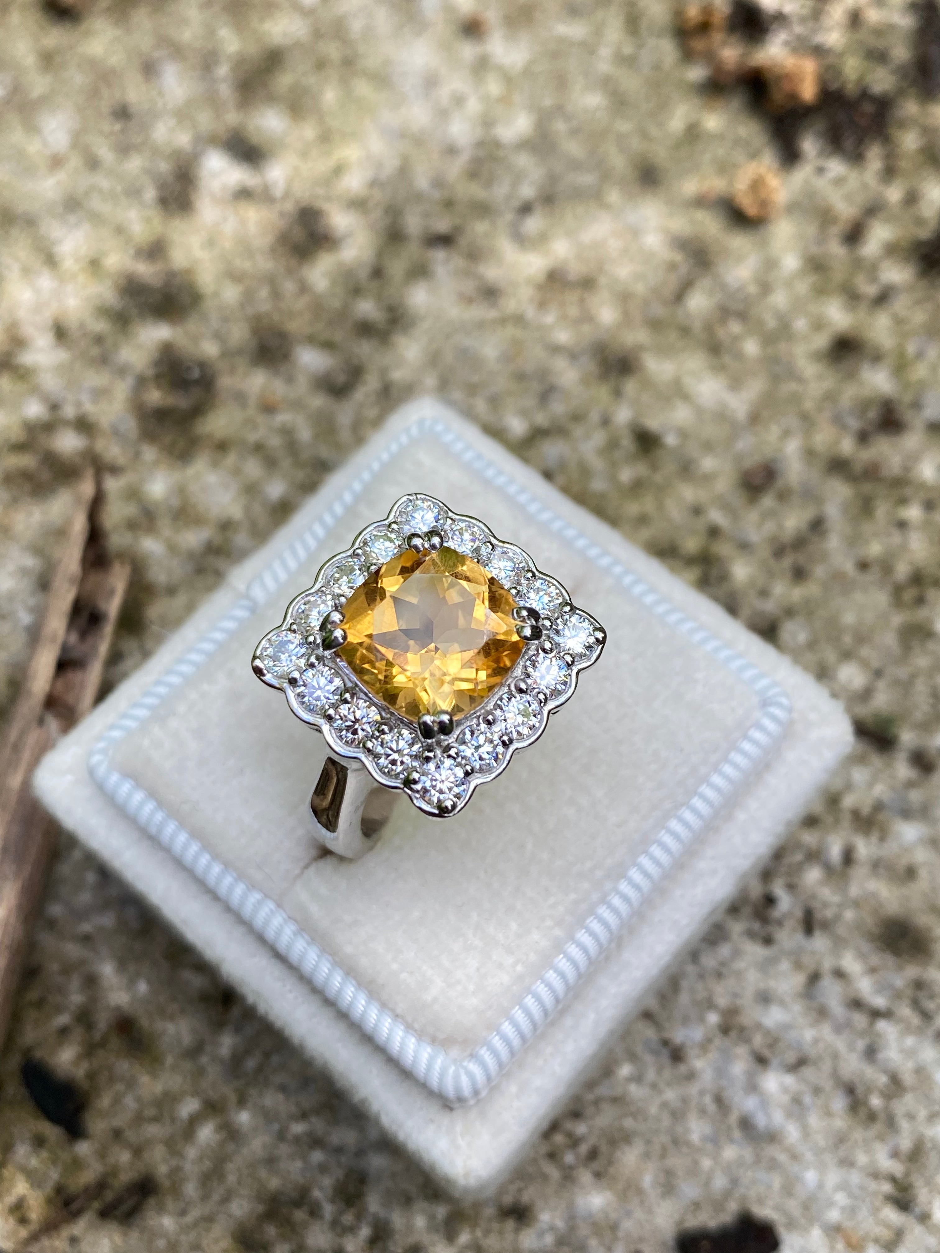 4.29 CTW Cushion Cut Citrine and Moissanite Halo Cocktail Ring in Sterling Silver