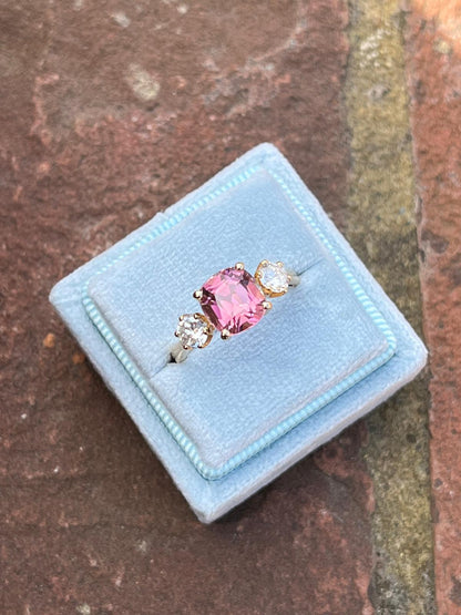 3.12ctw Pink Tourmaline and Natural Diamond Three Stone Ring in 18ct Yellow Gold