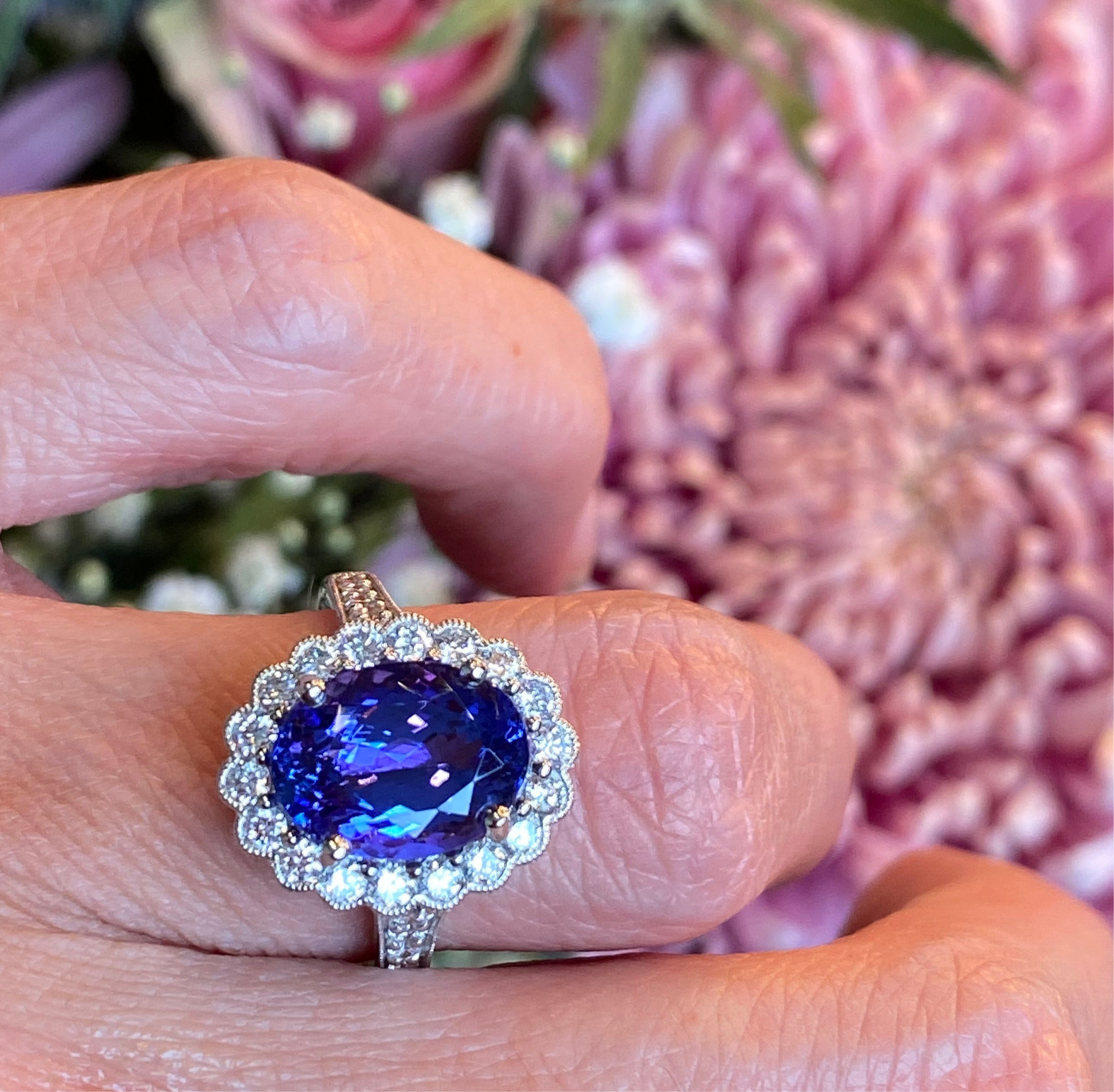 3.87 Carat Oval Cut Tanzanite and 0.75ctw Natural Diamond Cocktail Ring in Platinum