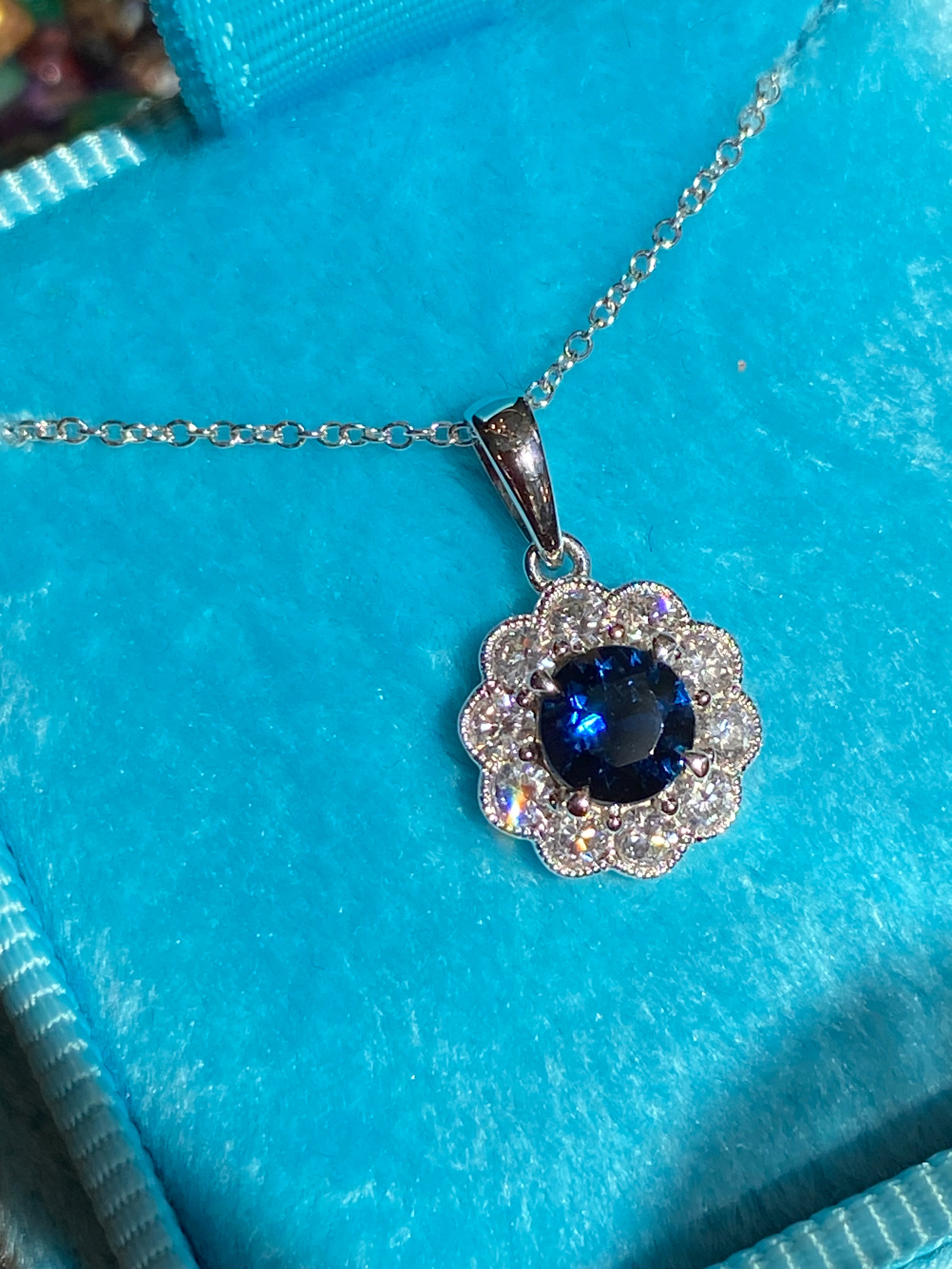 0.86 CTW Sapphire and Natural Diamond Pendant Necklace in 18ct White Gold