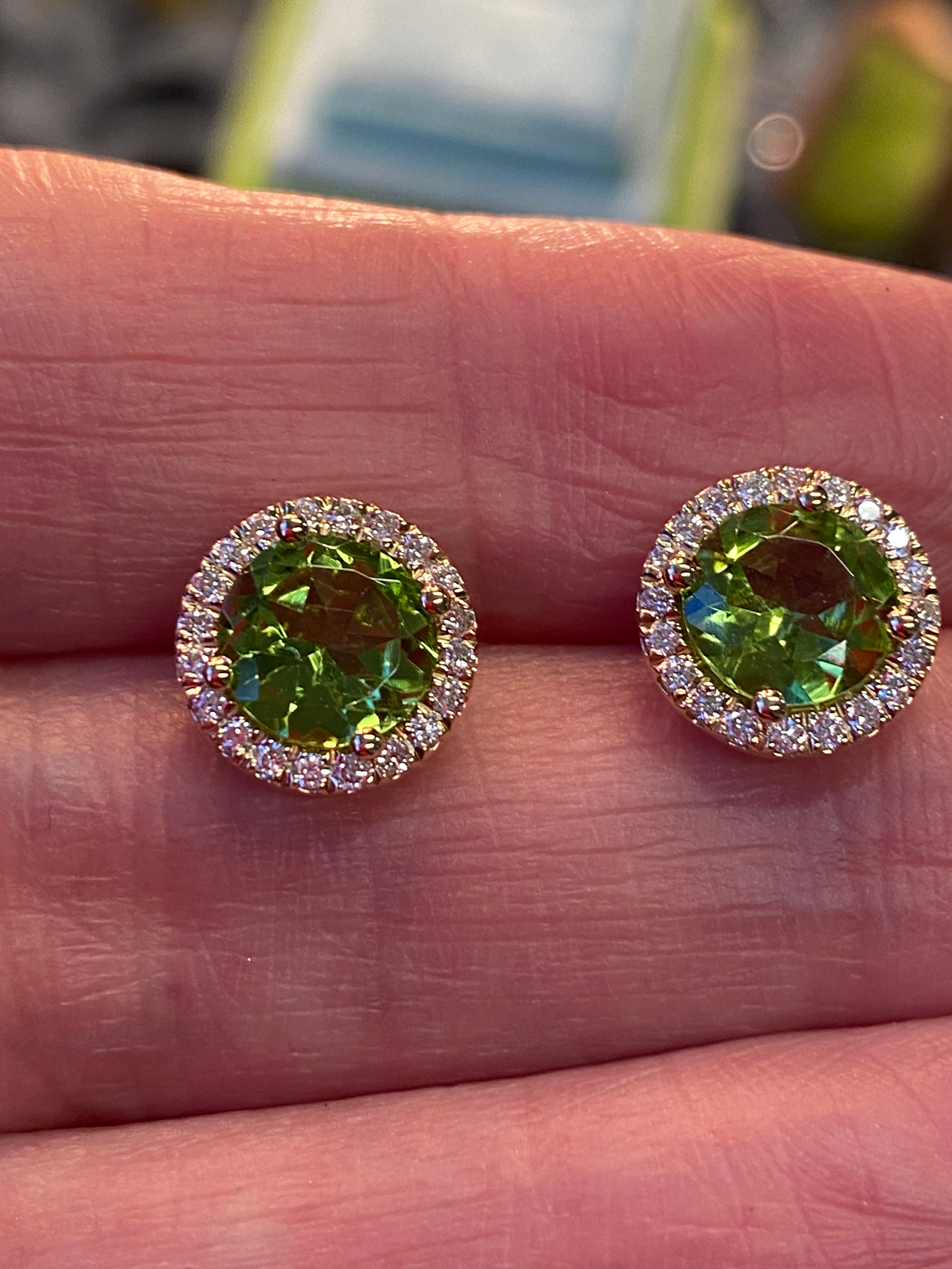Round Cut Peridot and Natural Diamond Stud Earrings in 9ct Yellow Gold