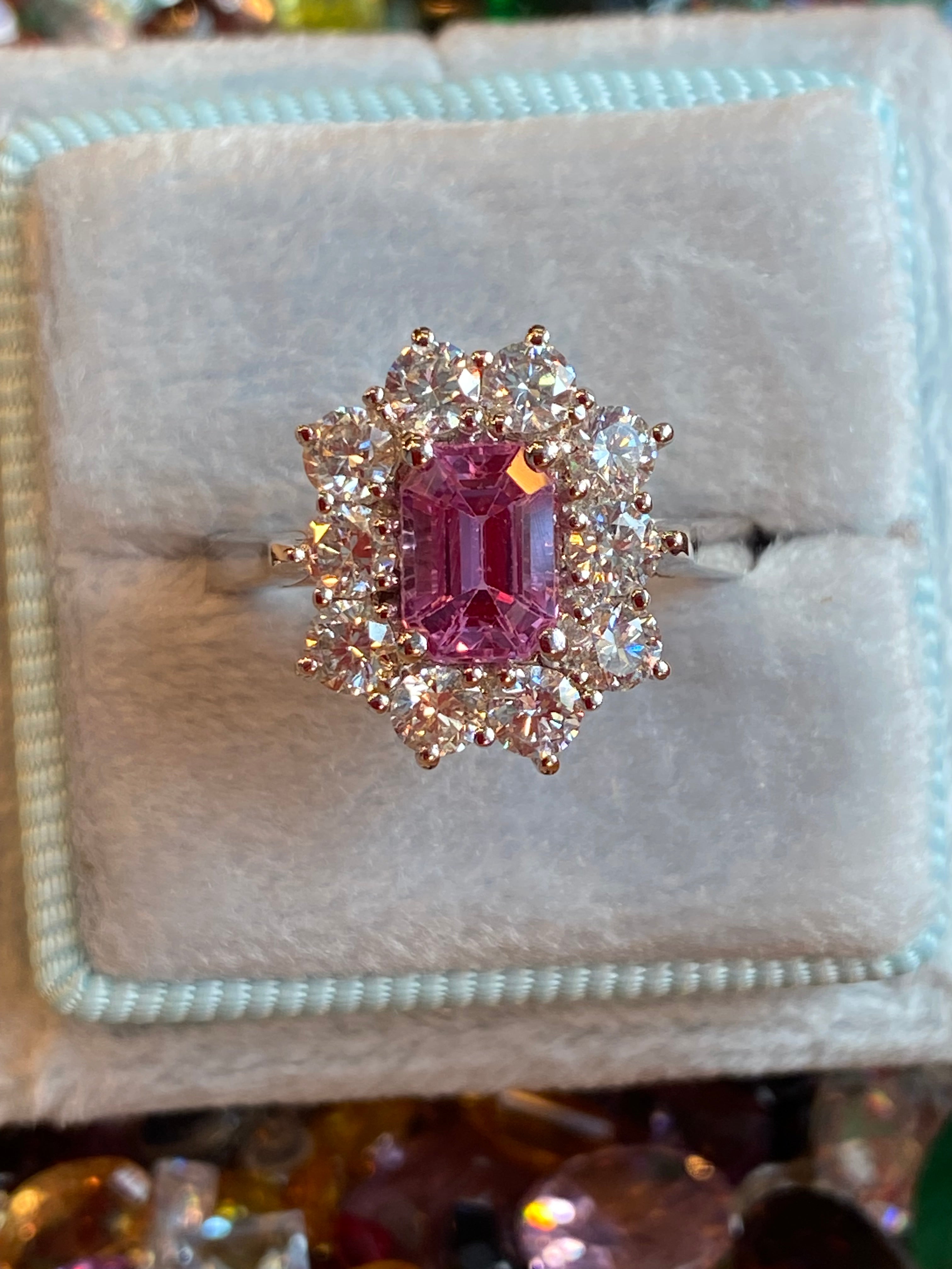 2.33 CTW Emerald Cut Pink Sapphire and Natural Diamond Halo Ring in Platinum