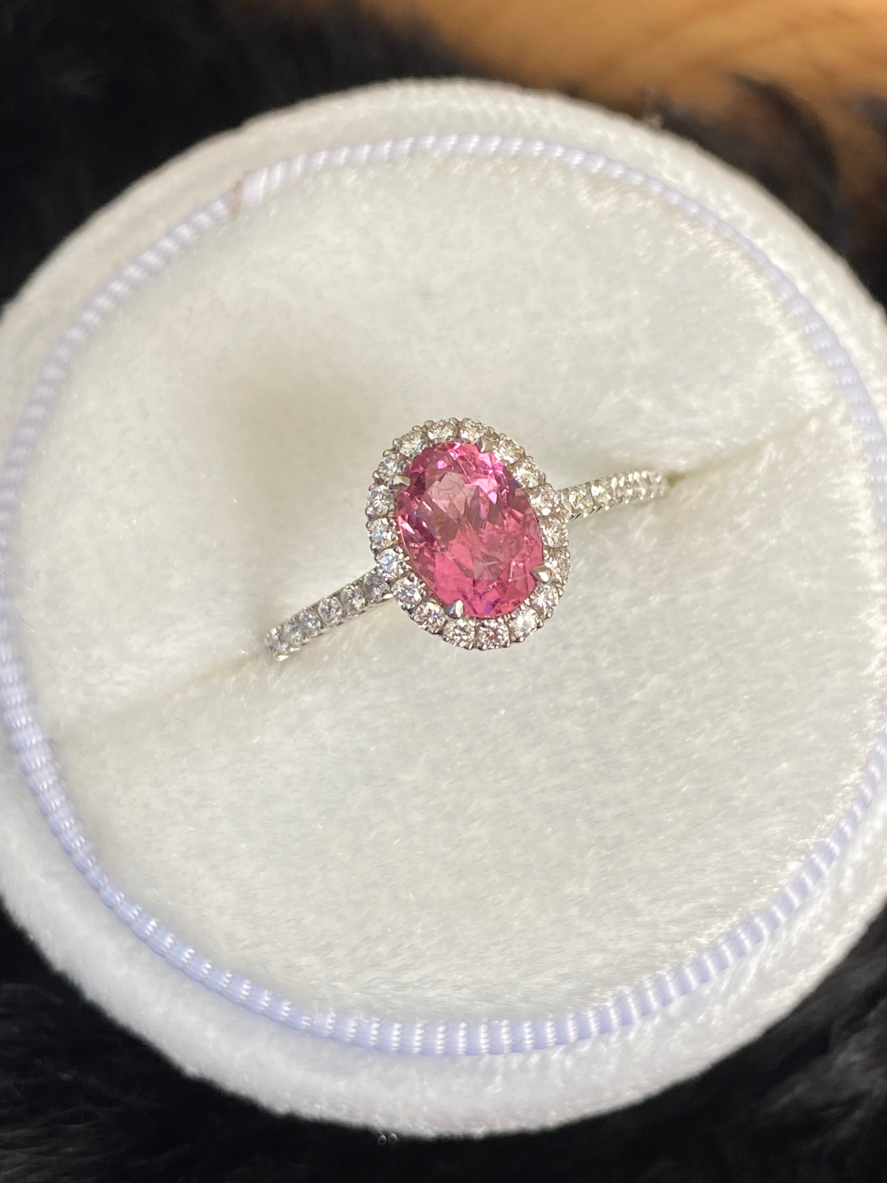 1.24 CTW Oval Cut Pink Sapphire and Natural Diamond Halo Engagement Ring in Platinum