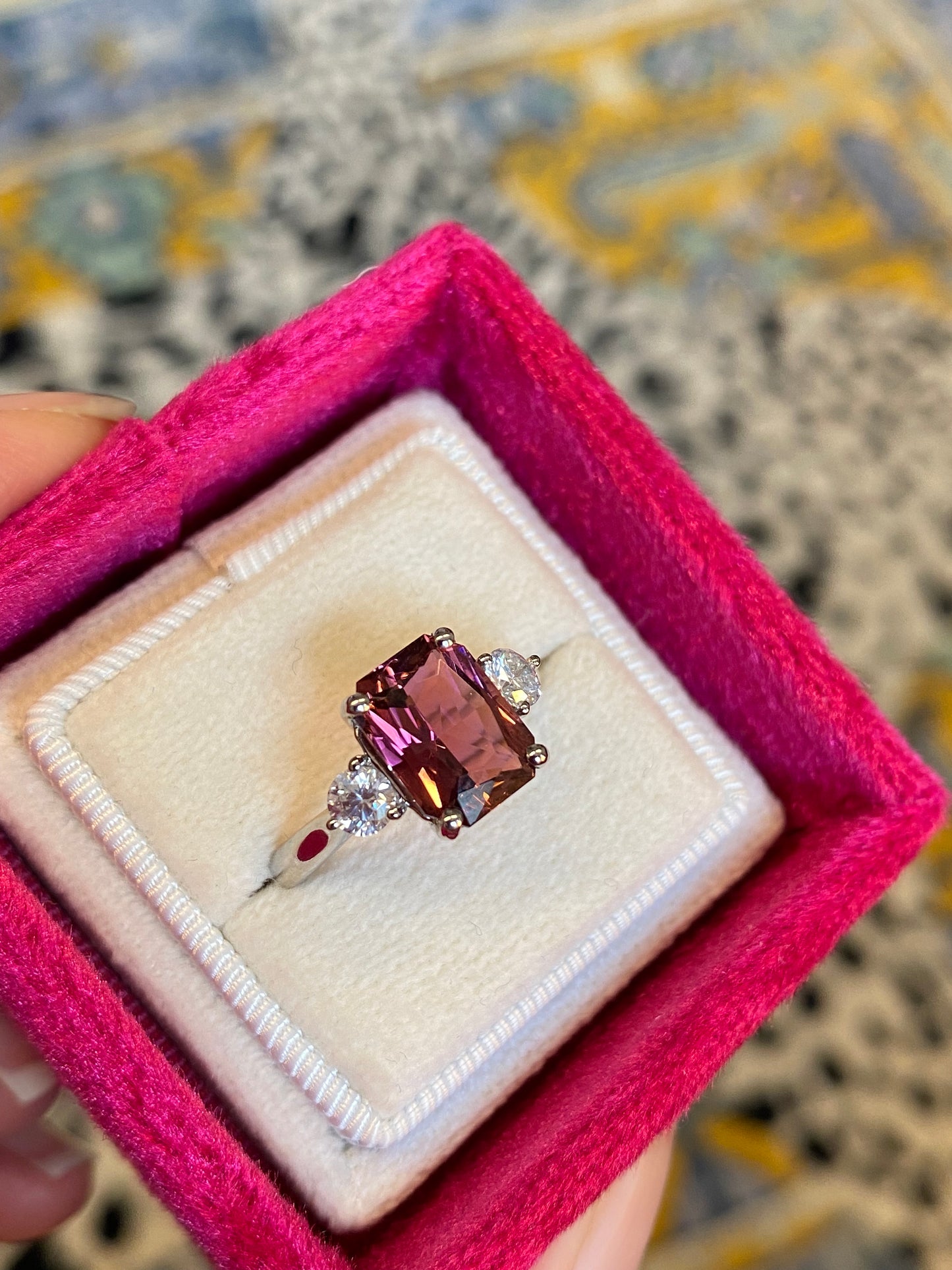 2.46 Carat Cut Pink Tourmaline and Diamond Ring in Platinum