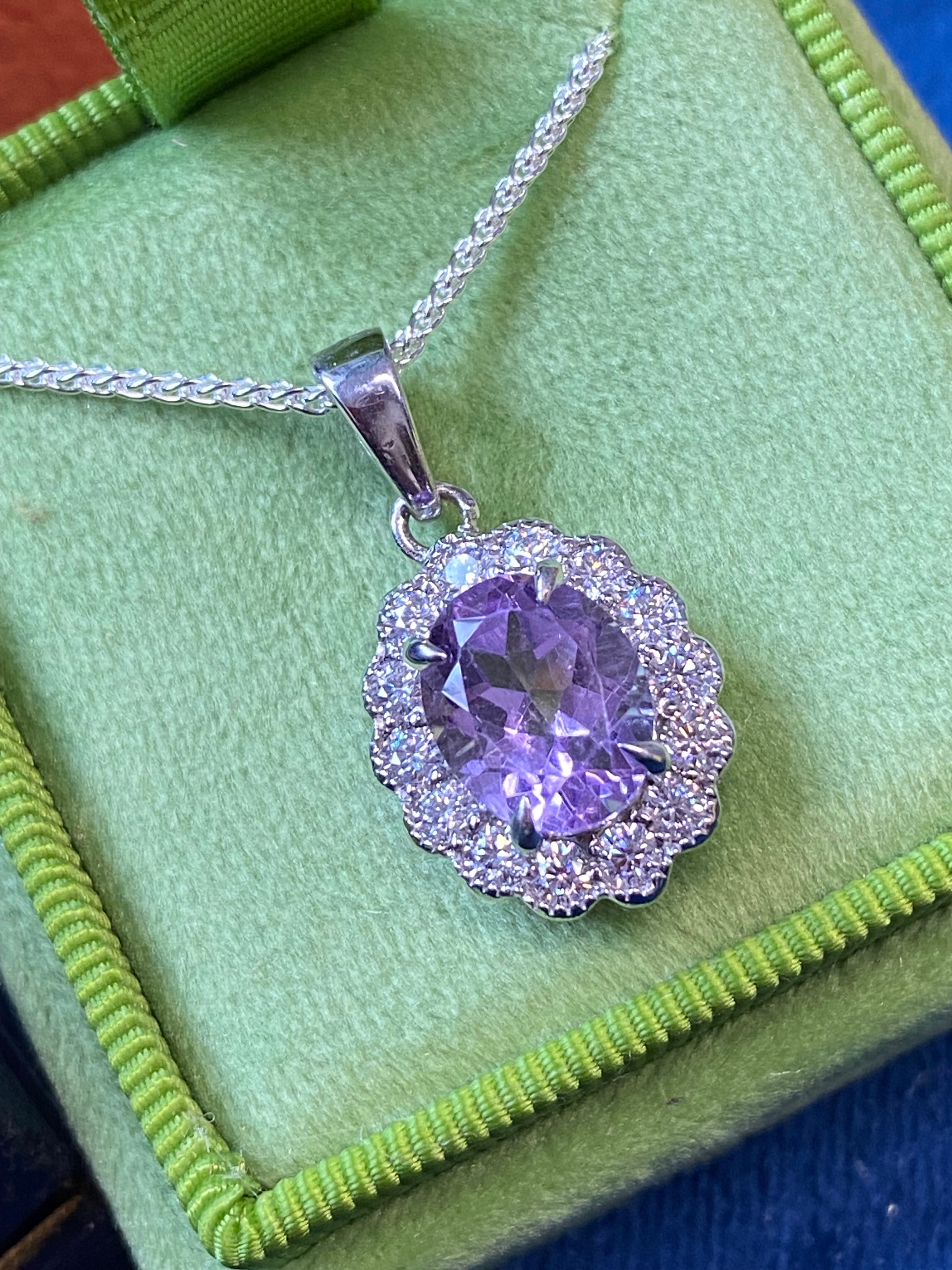 5.00 CTW Rose De France Amethyst and Moissanite Halo Pendant Necklace in Sterling Silver