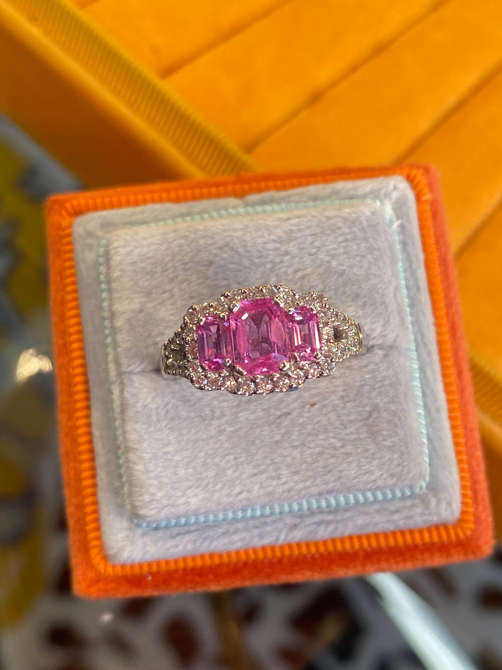 3.50 CTW Pink Sapphire and Natural Diamond Three Stone Ring Set in 18ct White Gold