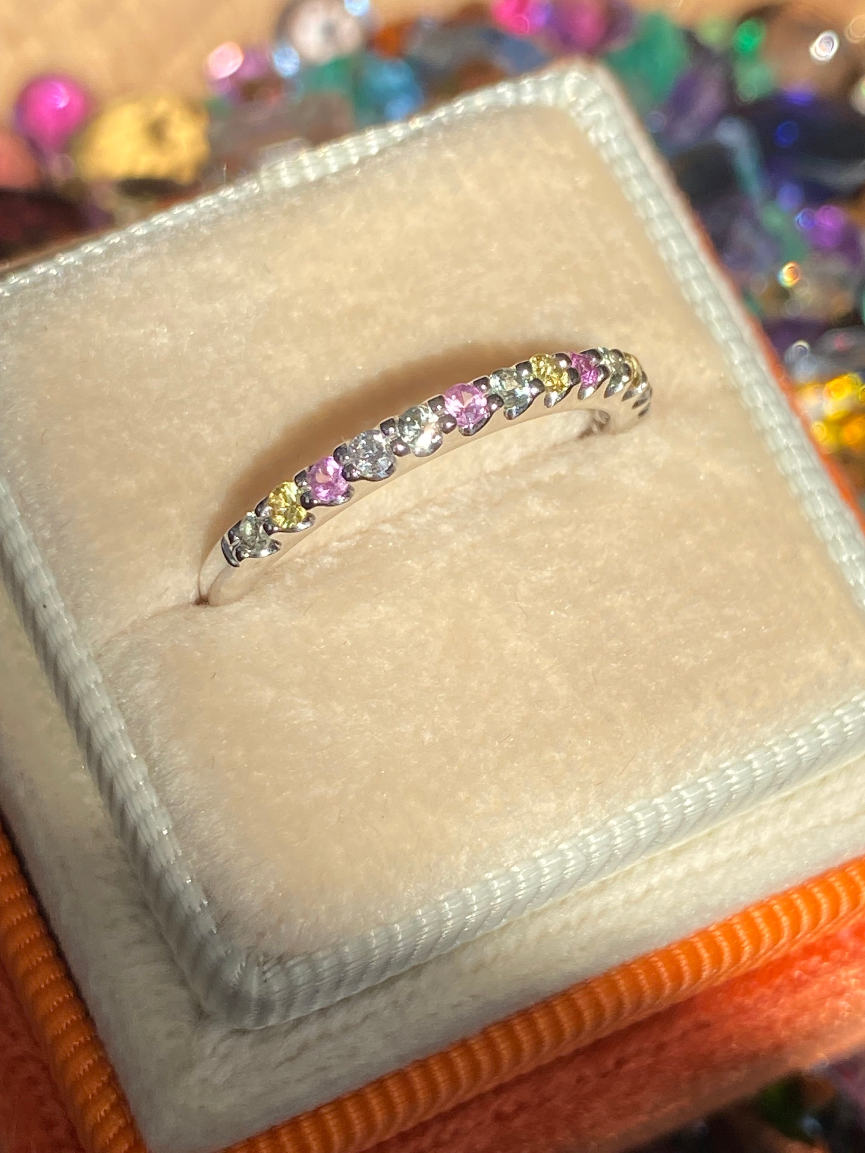 0.37 CTW Sweetshop Yellow, Pink, and Green Sapphire, and Natural Diamond Eternity Ring in 18ct White Gold