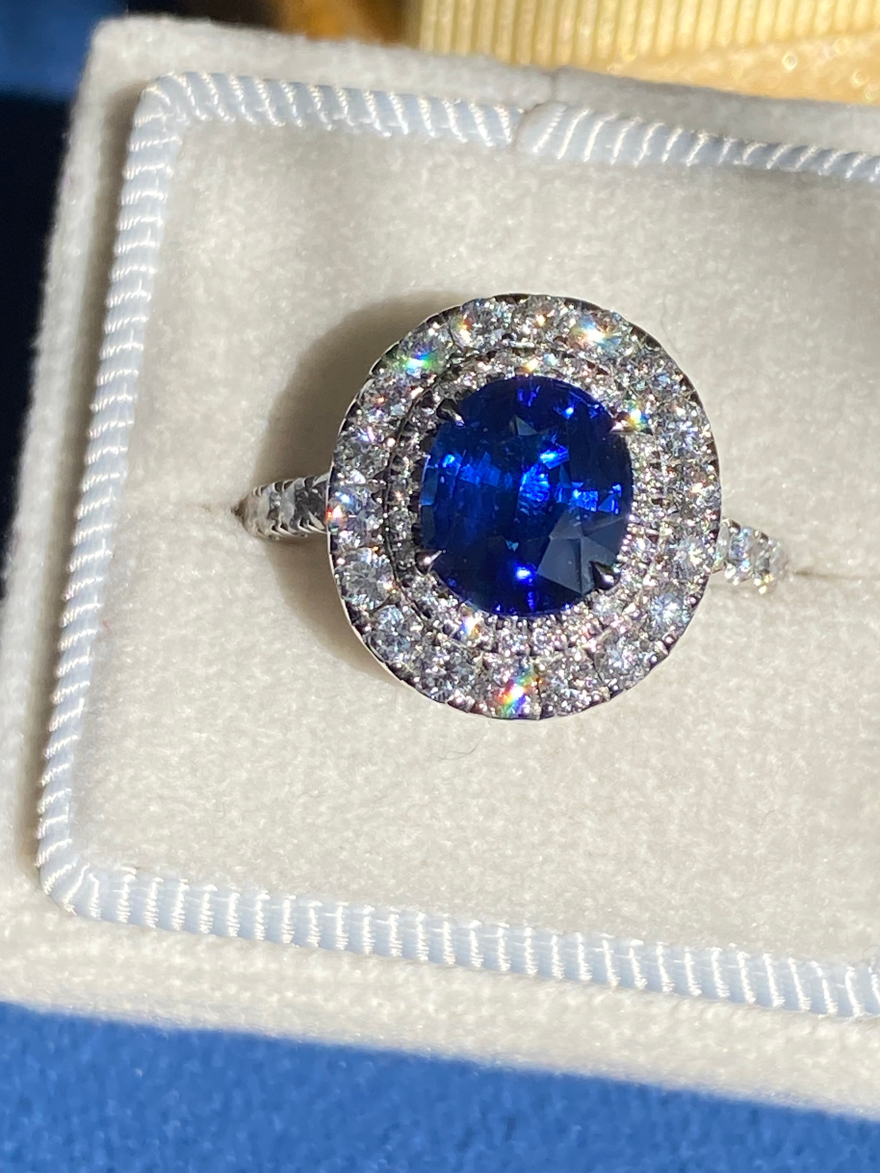 2.21 Carat Blue Ceylon Sapphire and 1.04 CTW Natural Diamond Halo Ring in Platinum