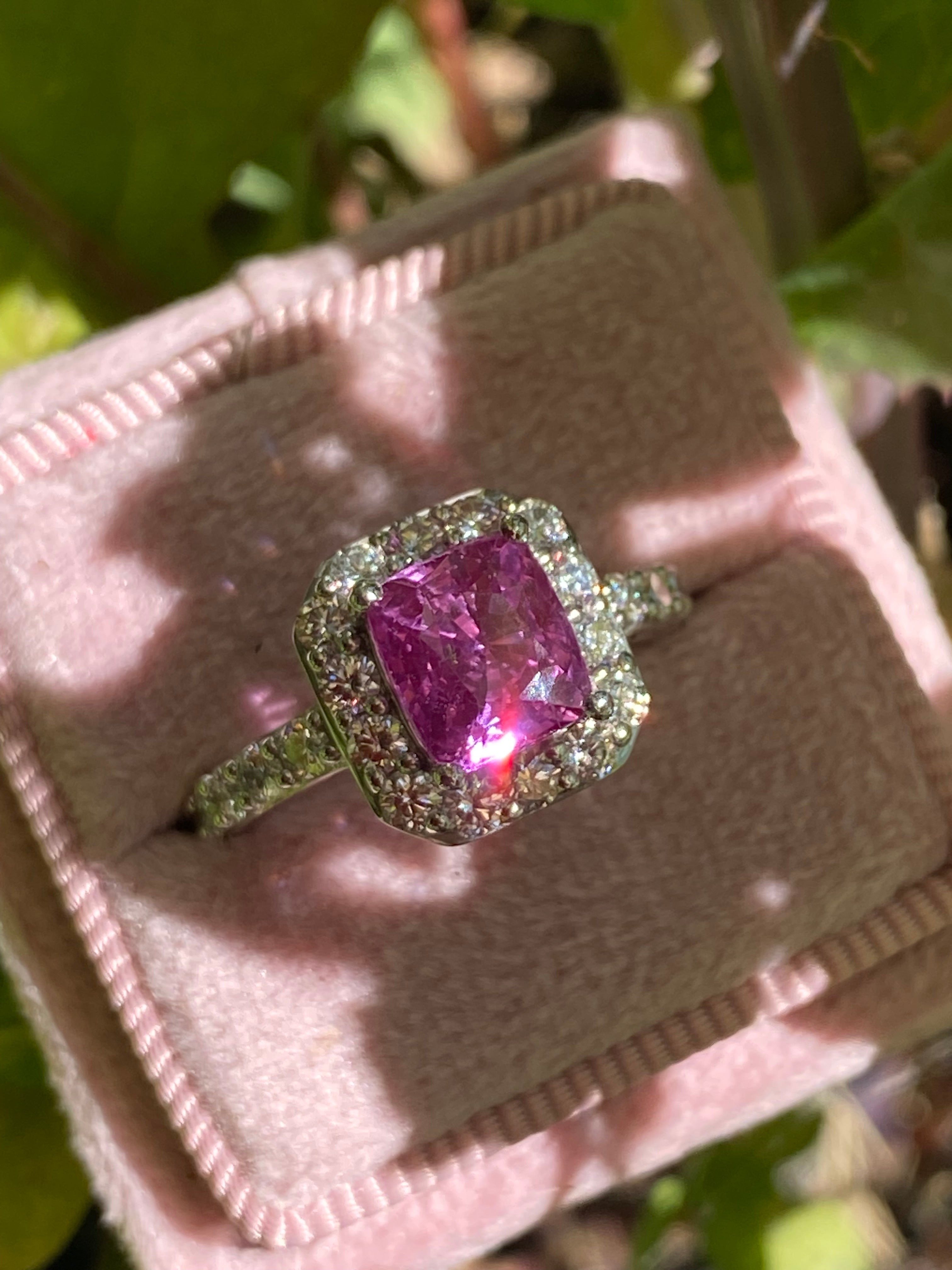 3.08 CTW Cushion Cut Pink Sapphire and Natural Diamond Art Deco Style Ring in Platinum