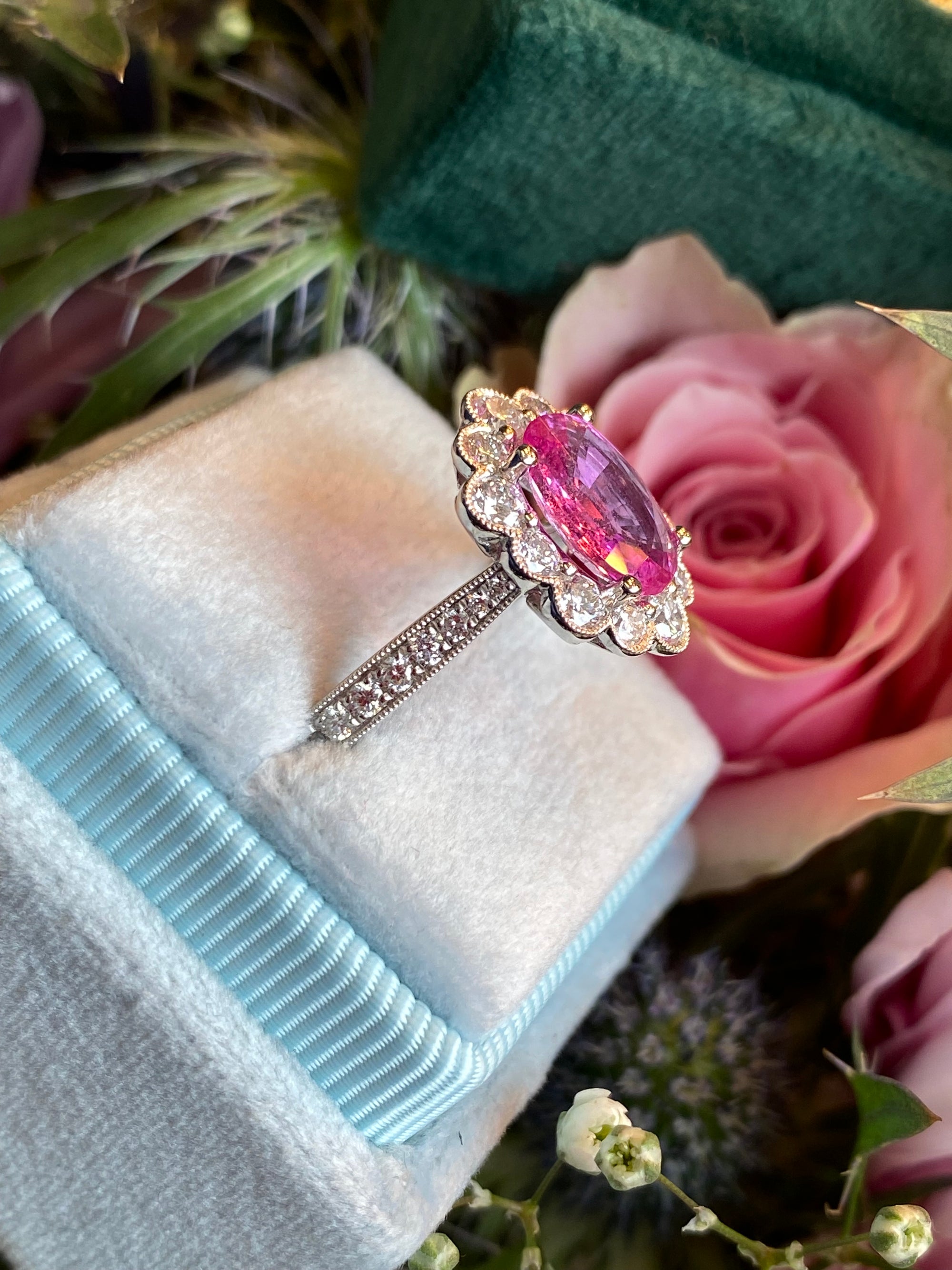 2.92 CTW Oval Cut Pink Sapphire and Natural Diamond Halo Engagement Ring in Platinum