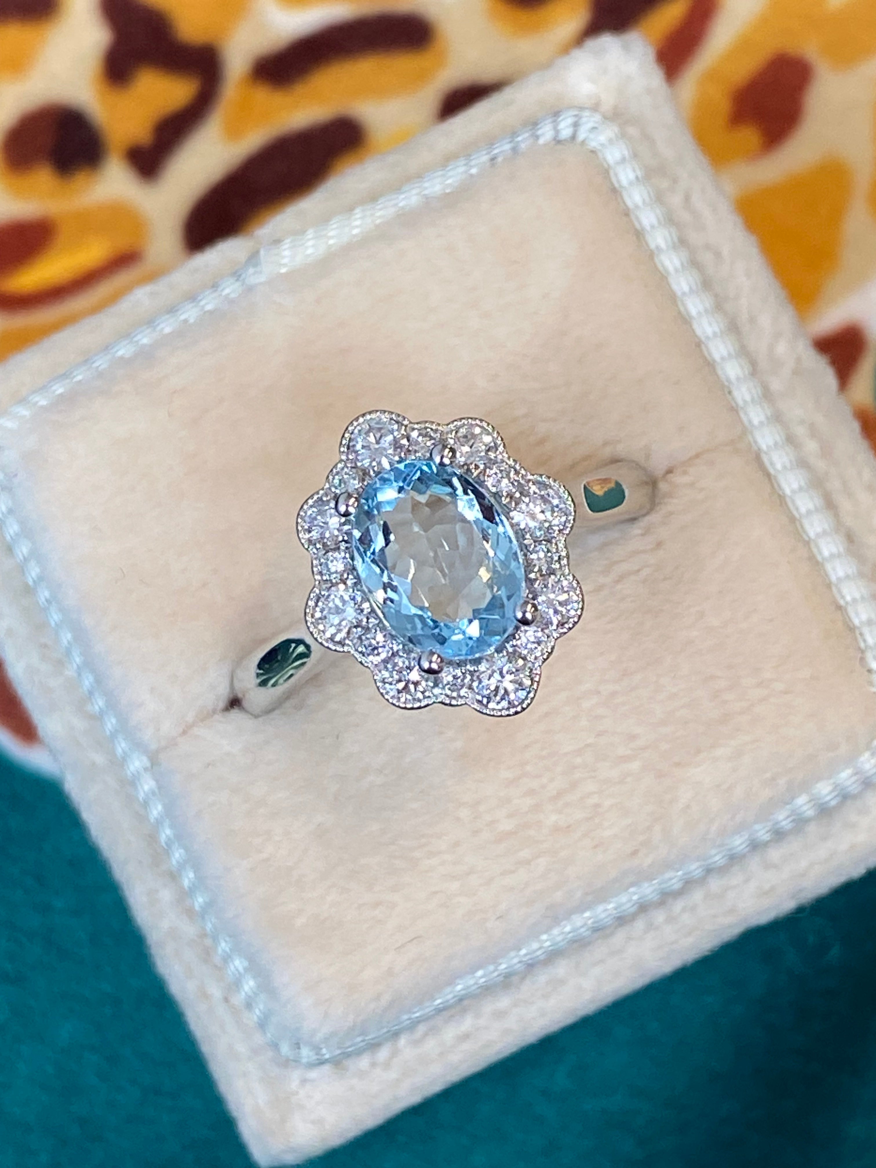 1.55 CTW Oval Cut Aquamarine and Natural Diamond Halo Engagement Ring in Platinum