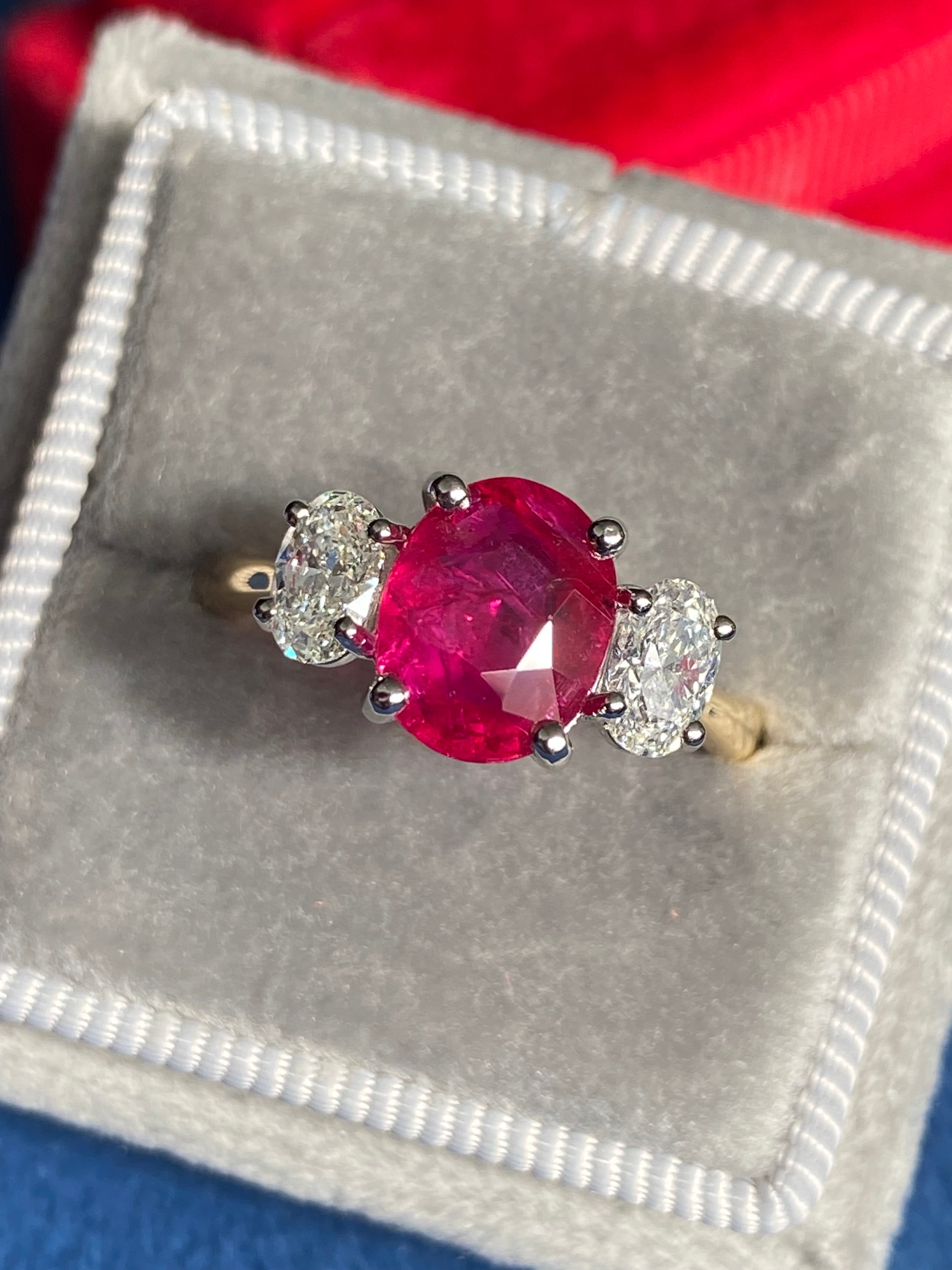 2.03 Carat Ruby and Natural Diamond Three Stone Ring in Platinum and 18ct Yellow Gold