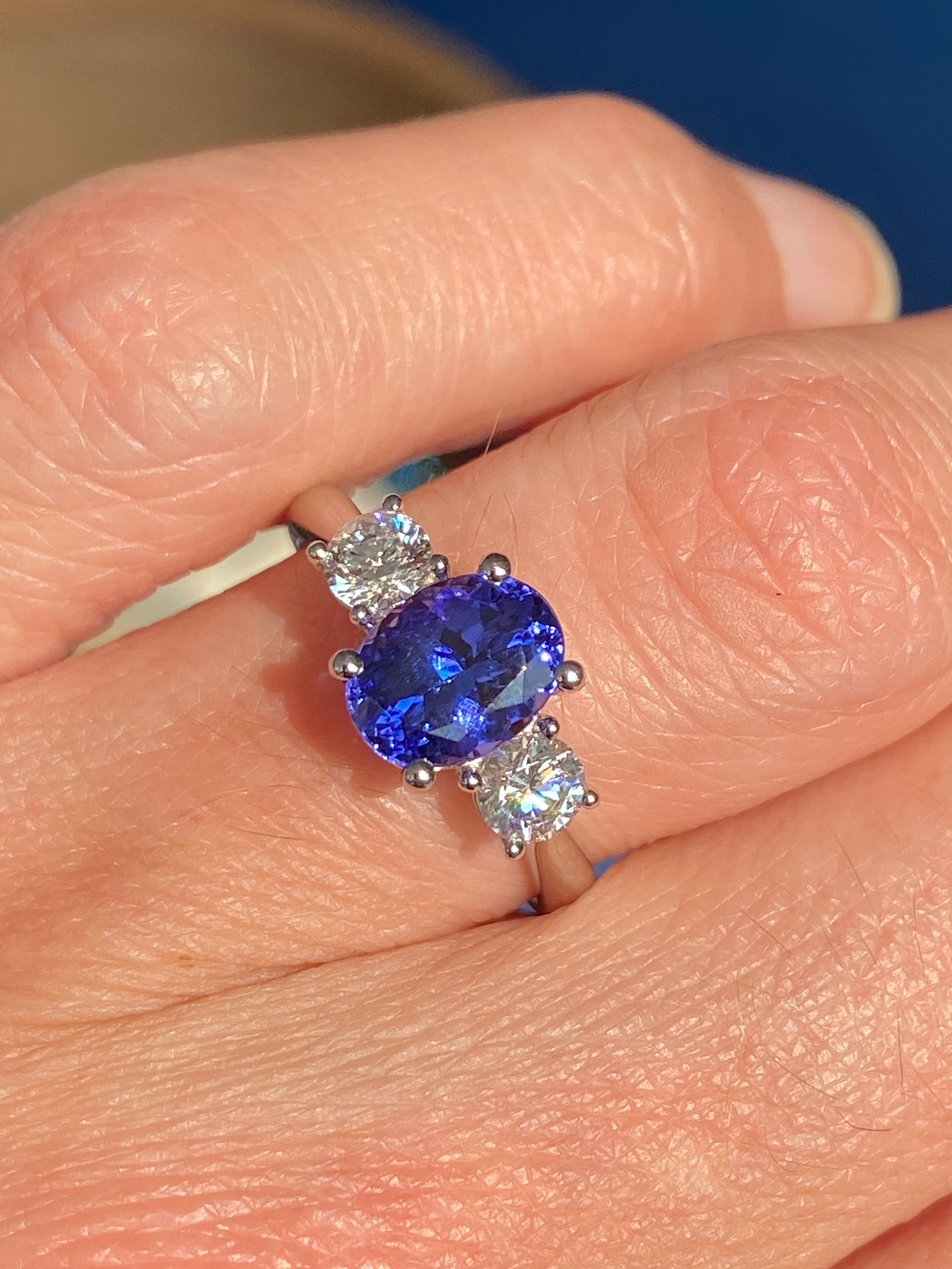 2.08 CTW Tanzanite and Natural Diamond Three Stone Ring in Platinum