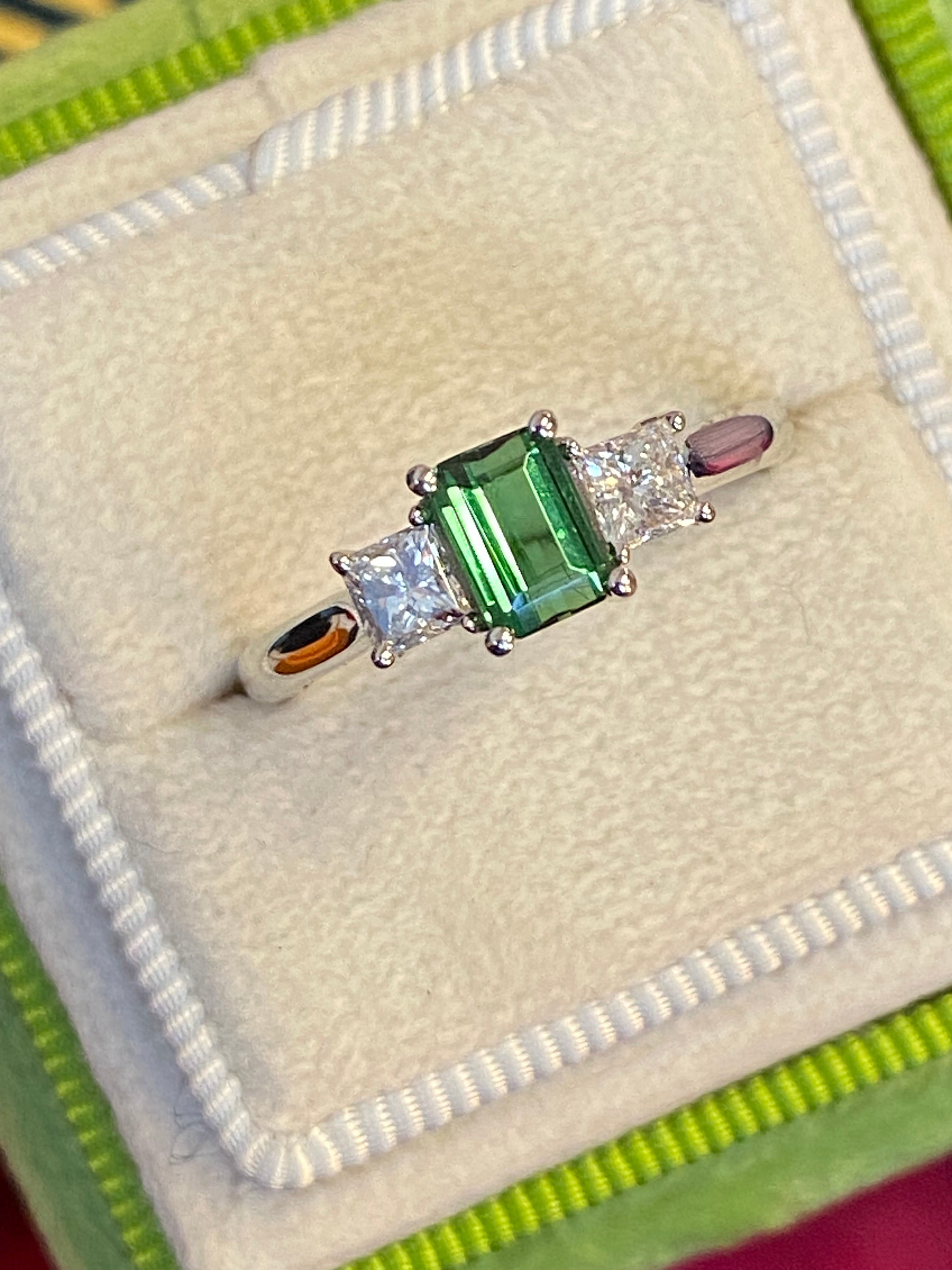 Beautiful Green Tourmaline and Natural Diamond Three Stone Ring in Platinum