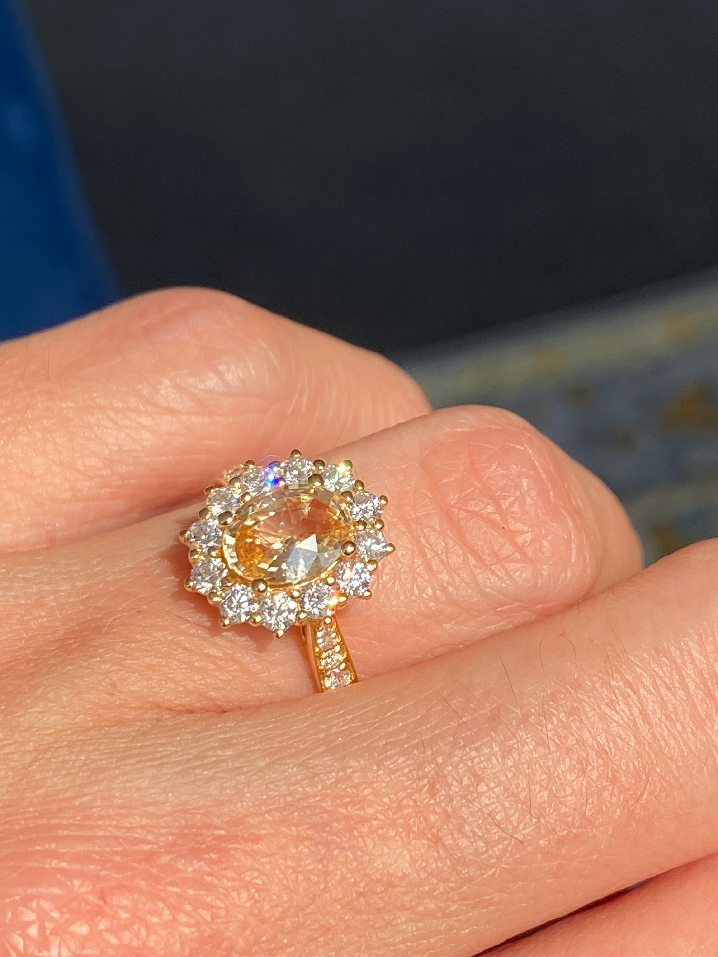 2.24 CTW Peach Sapphire and Natural Diamond Halo Ring in 18ct Yellow Gold