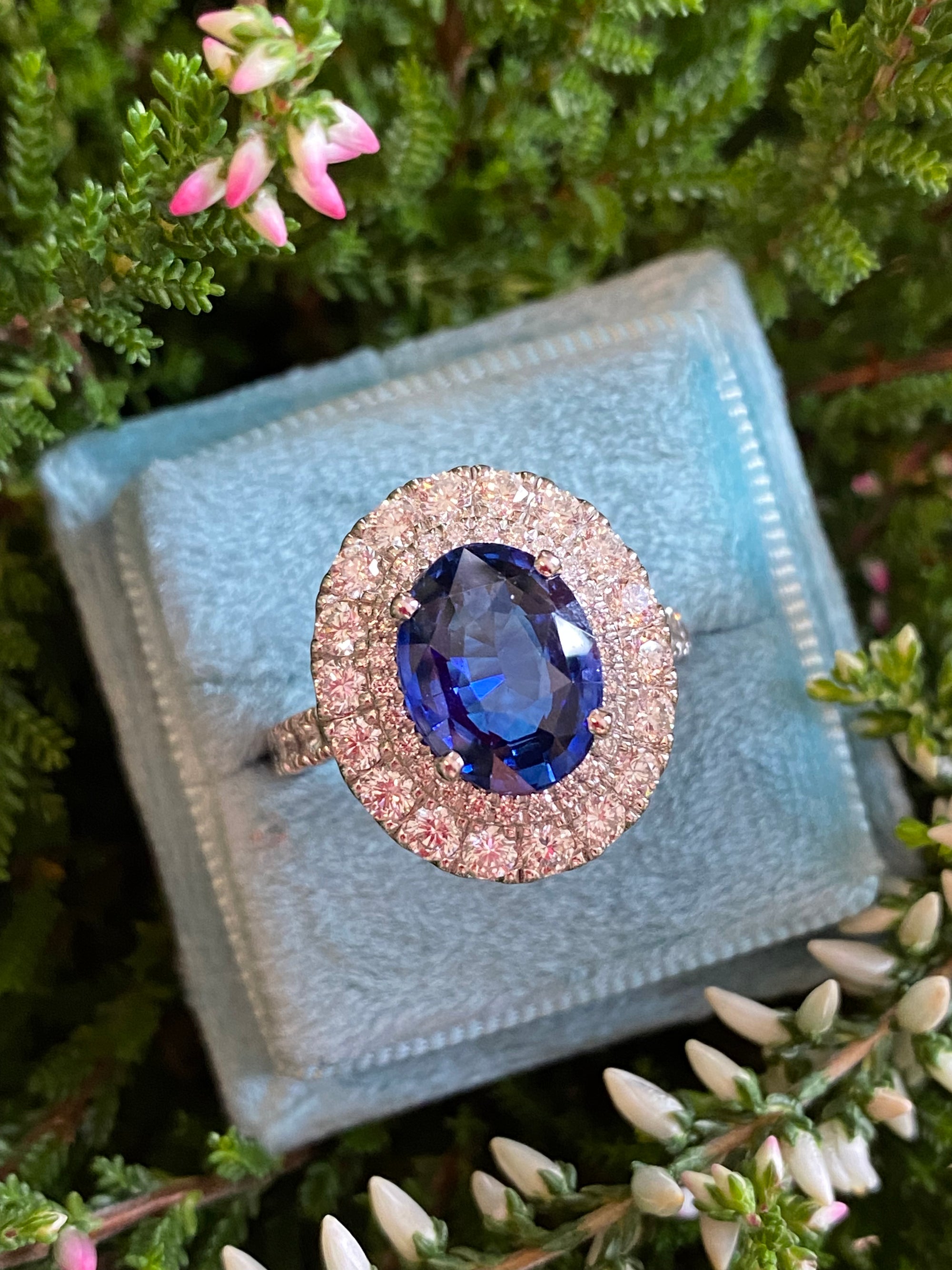 4.29 Carat Blue Ceylon Sapphire and 1.67 CTW Natural Diamond Halo Ring in Platinum