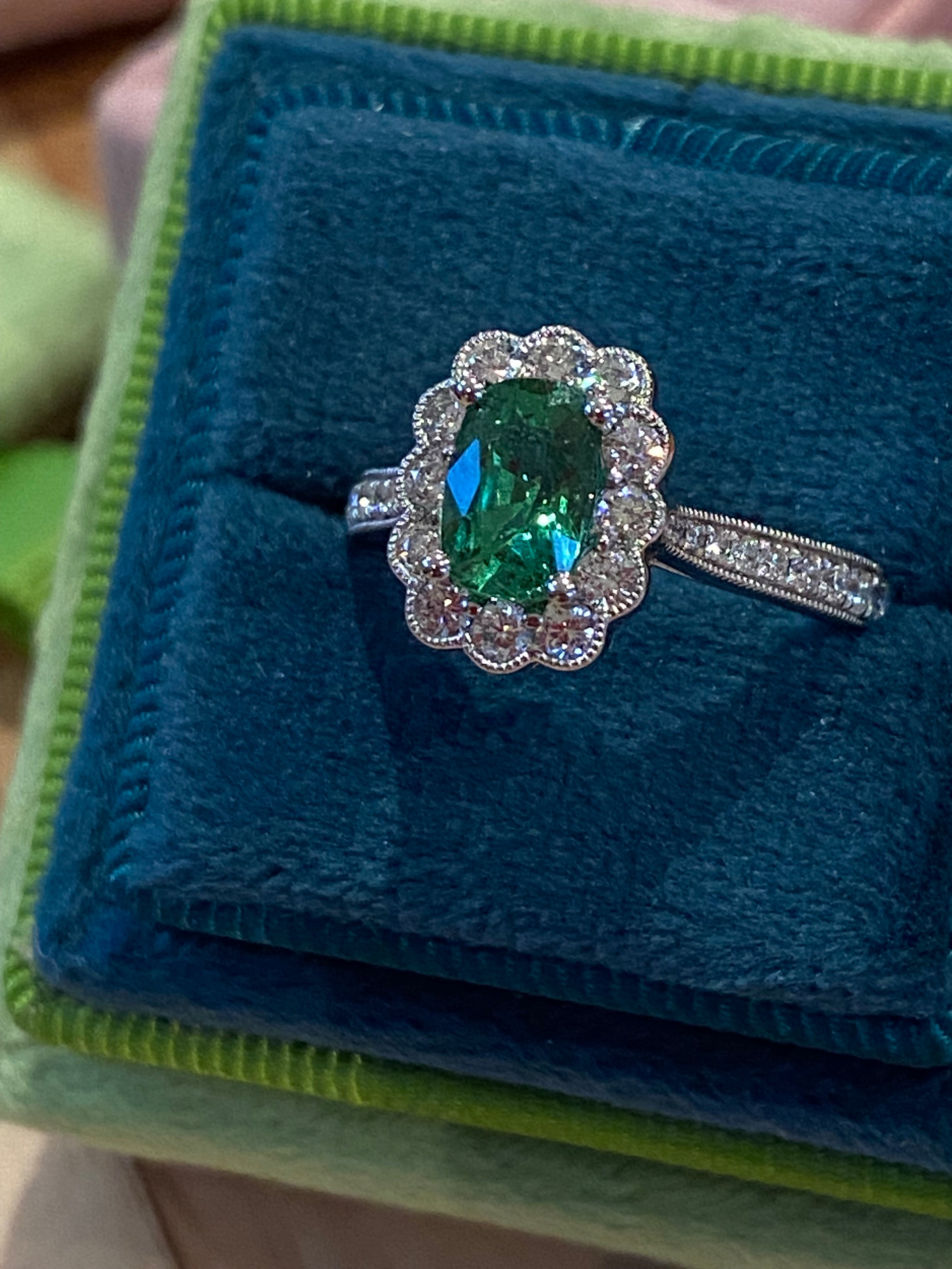 1.75 CTW Tsavorite Garnet and Natural Diamond Halo Ring in Platinum