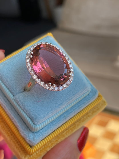11.48 Carat Pink Tourmaline and Natural Diamond Ring in Platinum and 18ct Yellow Gold