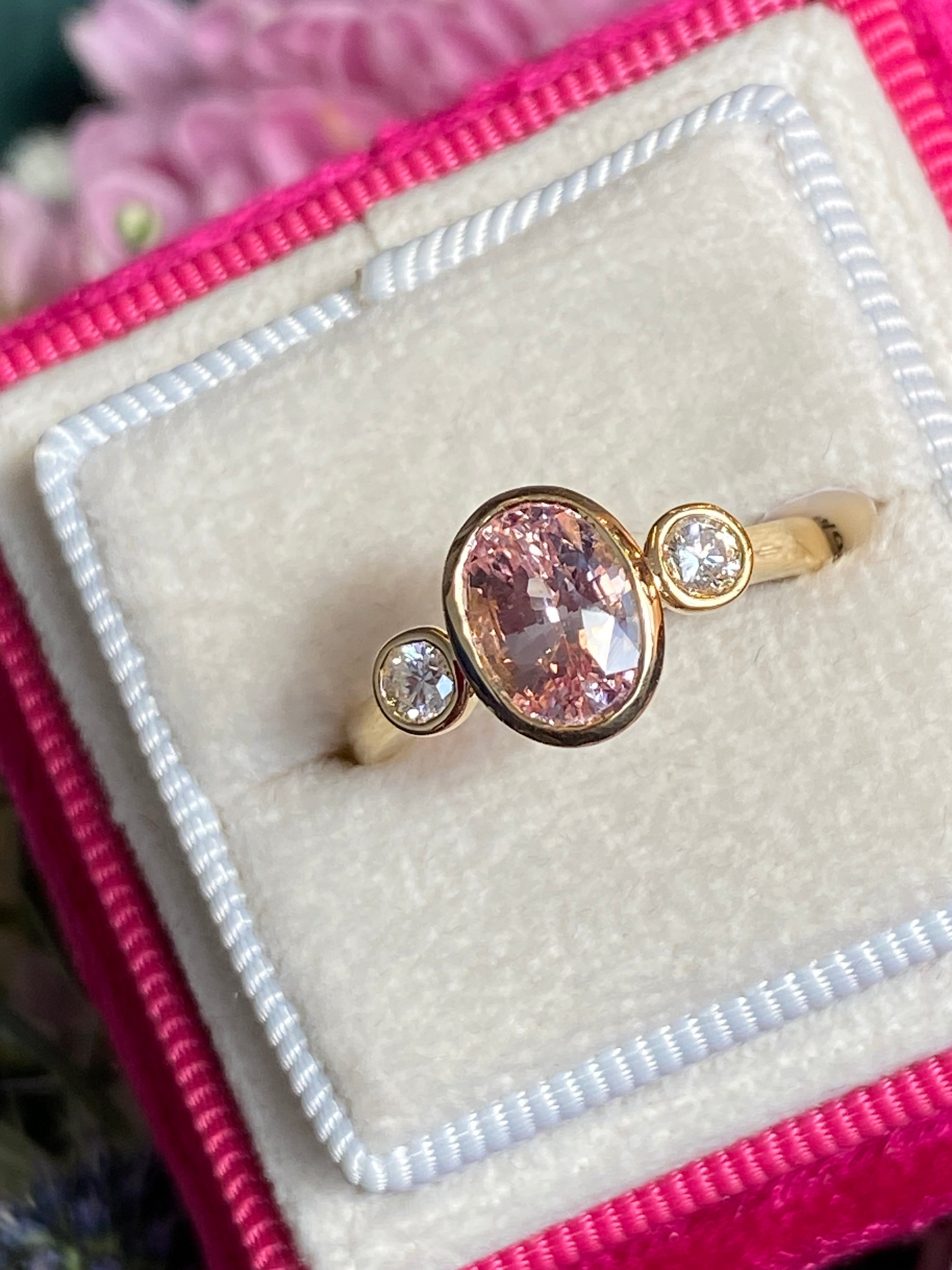 2.02 CTW Peach Sapphire and Natural Diamond Three Stone Ring in 18ct Yellow Gold