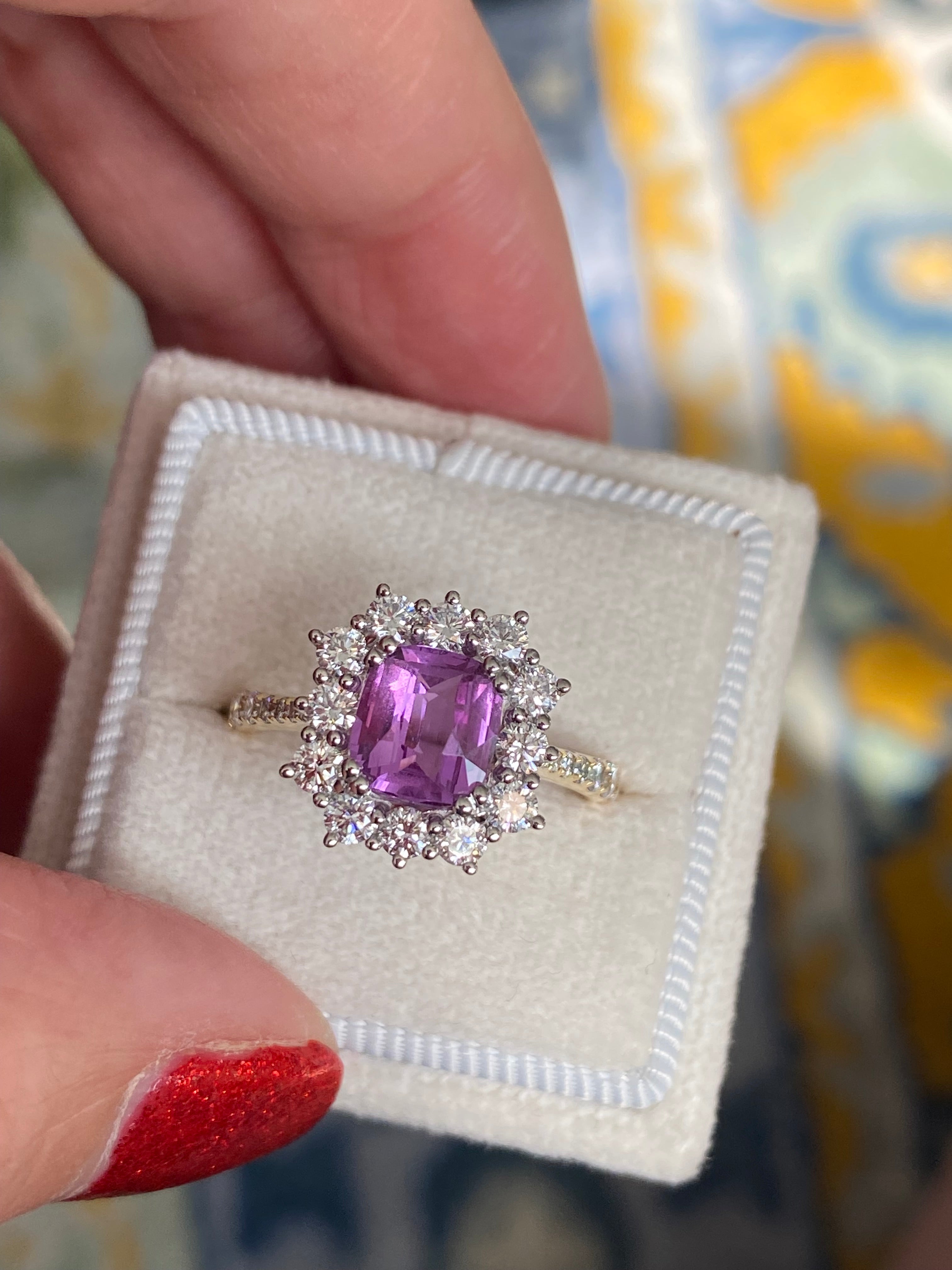 1.65 Carat Purple Sapphire and 0.85ctw Natural Diamond Halo Ring in Platinum and 18ct Gold