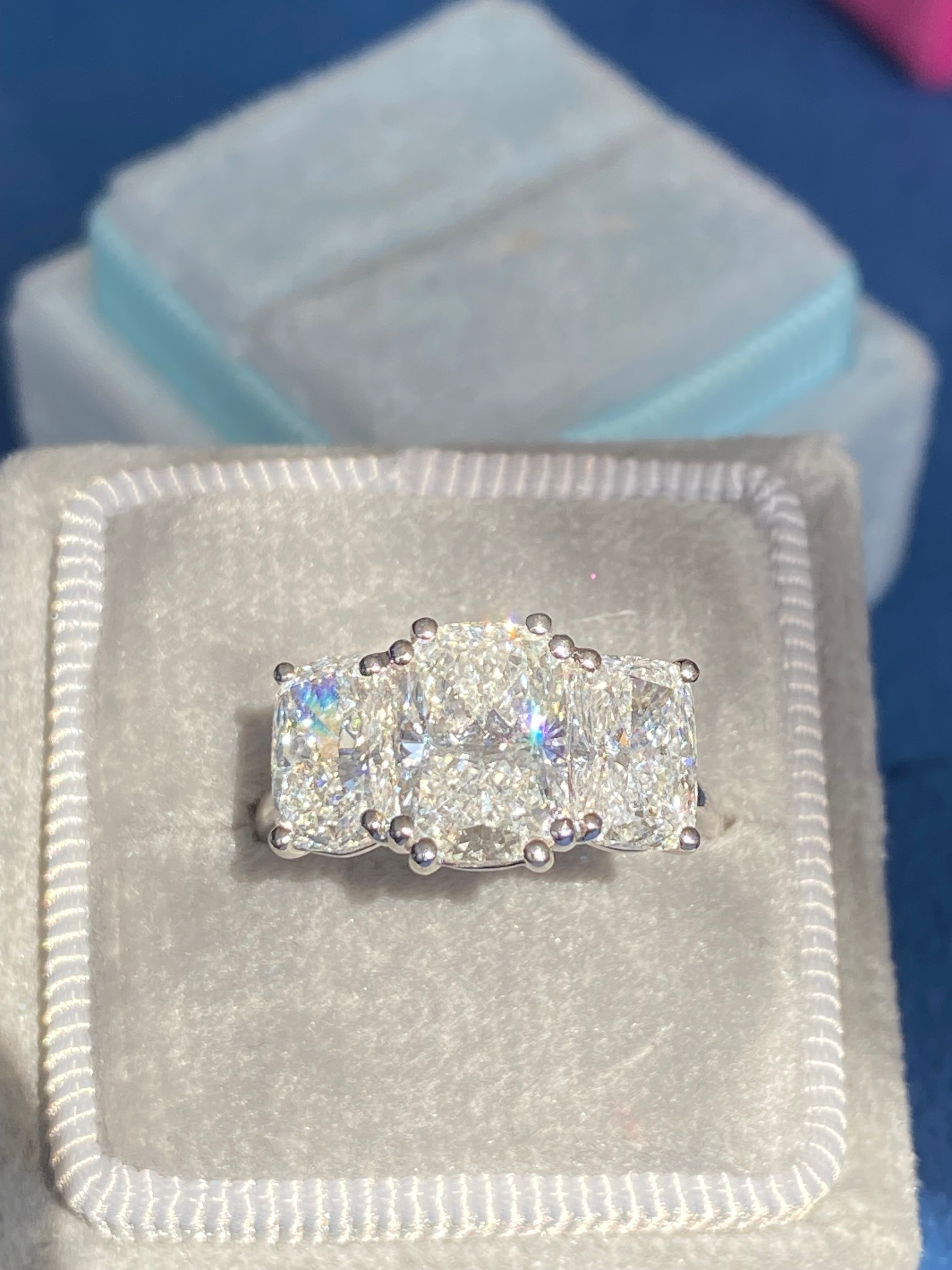 4.10 CTW Cushion Cut D Colour VS1 Lab Diamond Three Stone Ring in Platinum