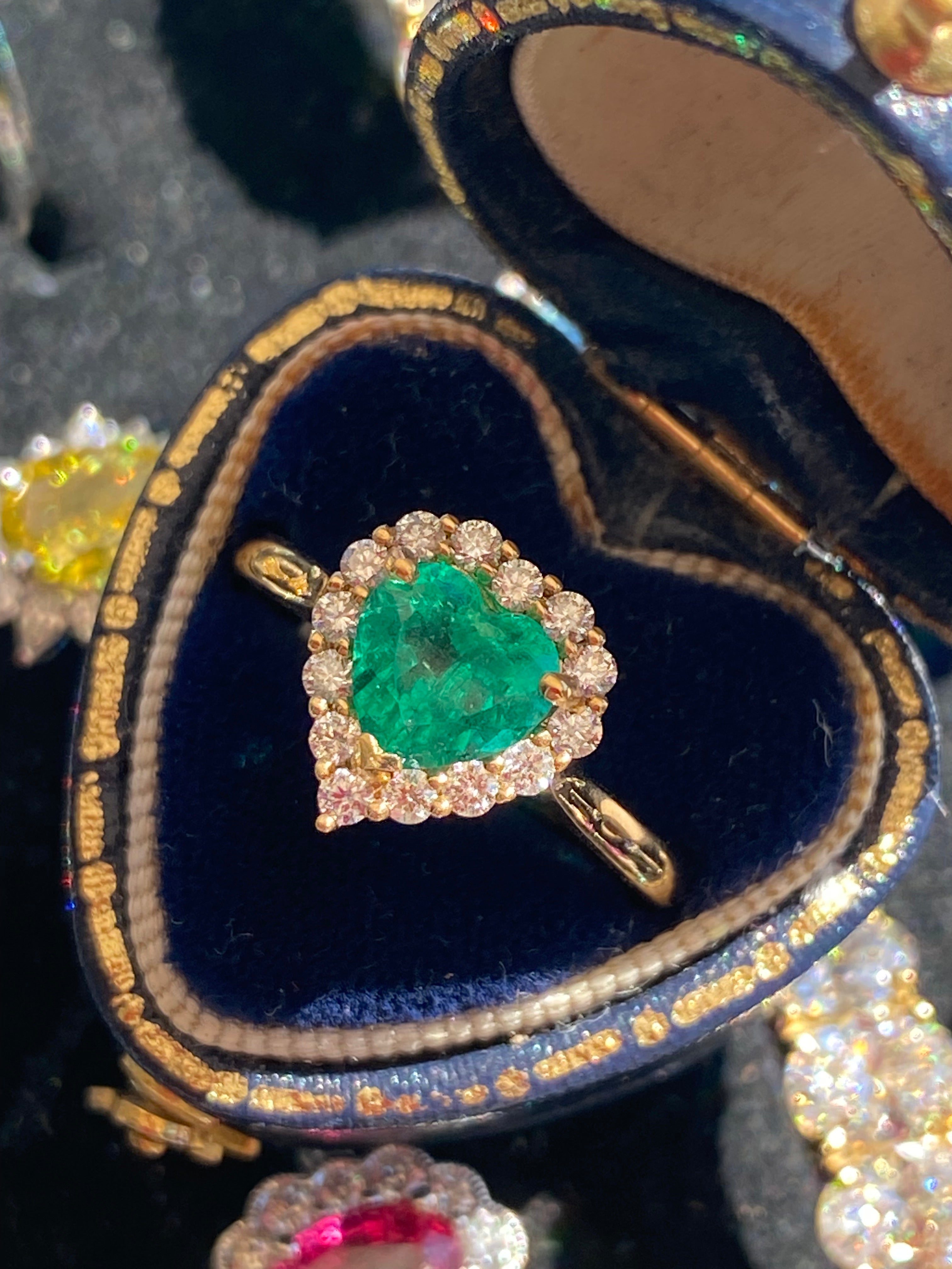 1.16 CTW Heart Shape Emerald and Natural Diamond Halo Ring in 18ct Yellow Gold