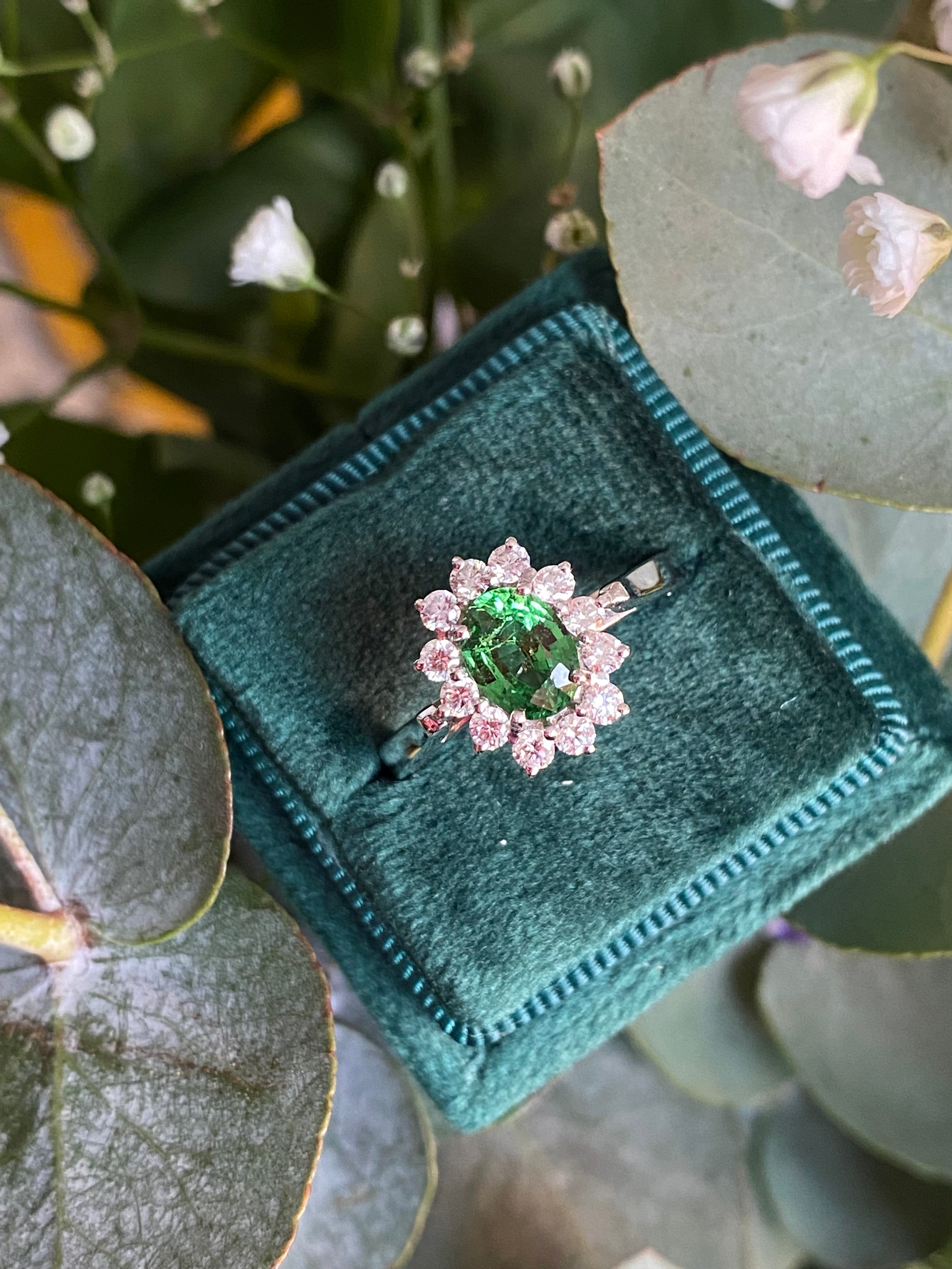 1.50 CTW Tsavorite Garnet and Diamond Halo Engagement Ring in 18ct White Gold