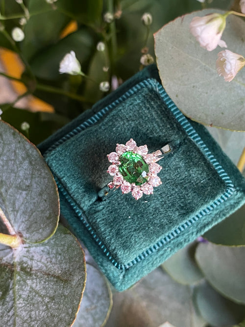 1.50 CTW Tsavorite Garnet and Diamond Halo Engagement Ring in 18ct White Gold
