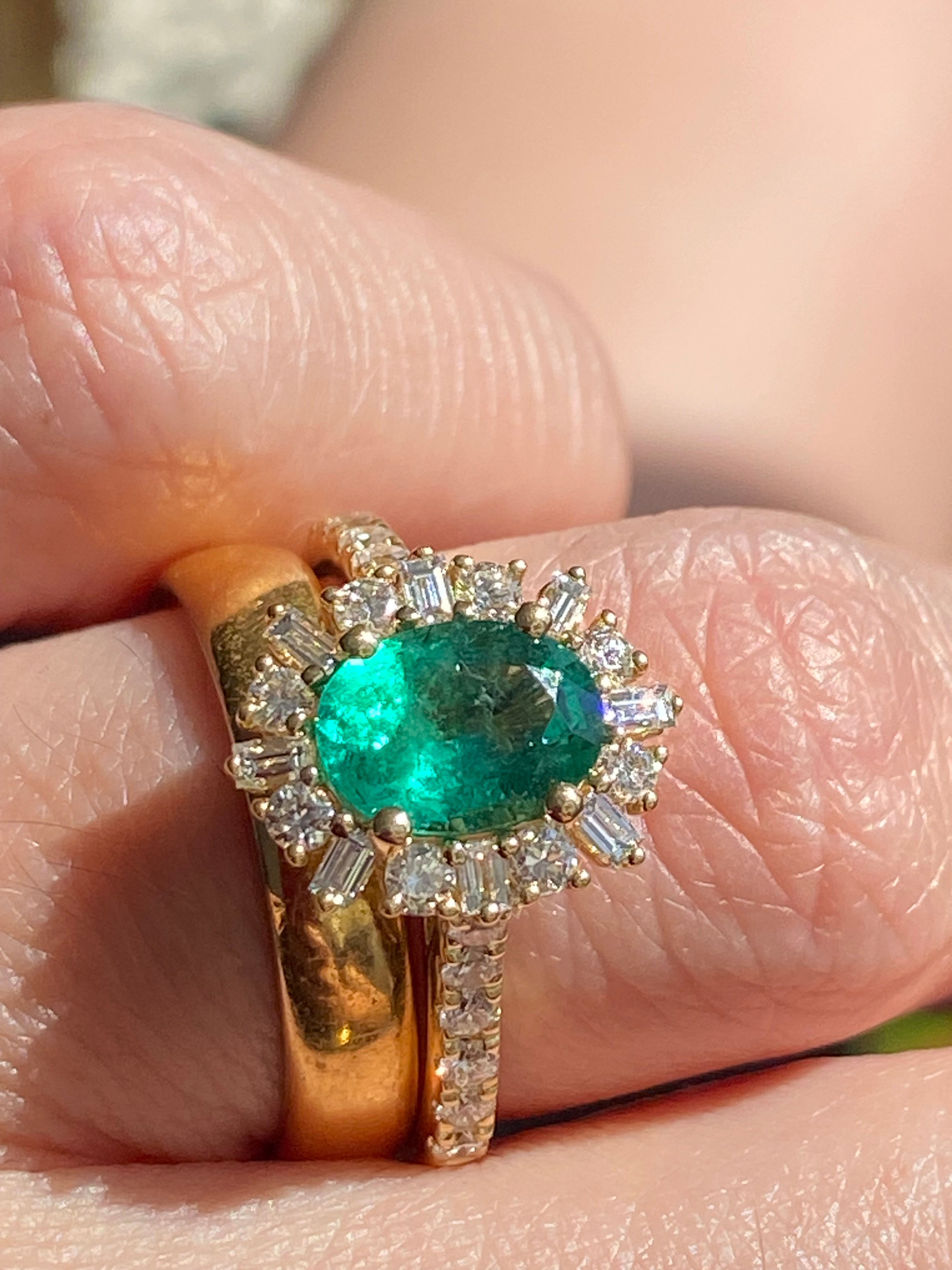 1.76 CTW Oval Cut Emerald and Natural Diamond Ring in 18ct Yellow Gold