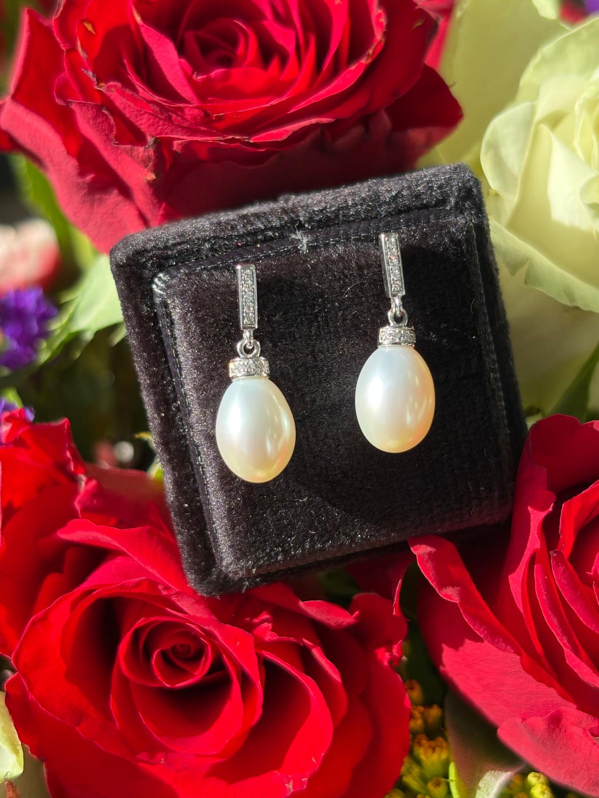 8.86 CTW Oval Pearl and Diamond Drop Earrings in 18ct White Gold