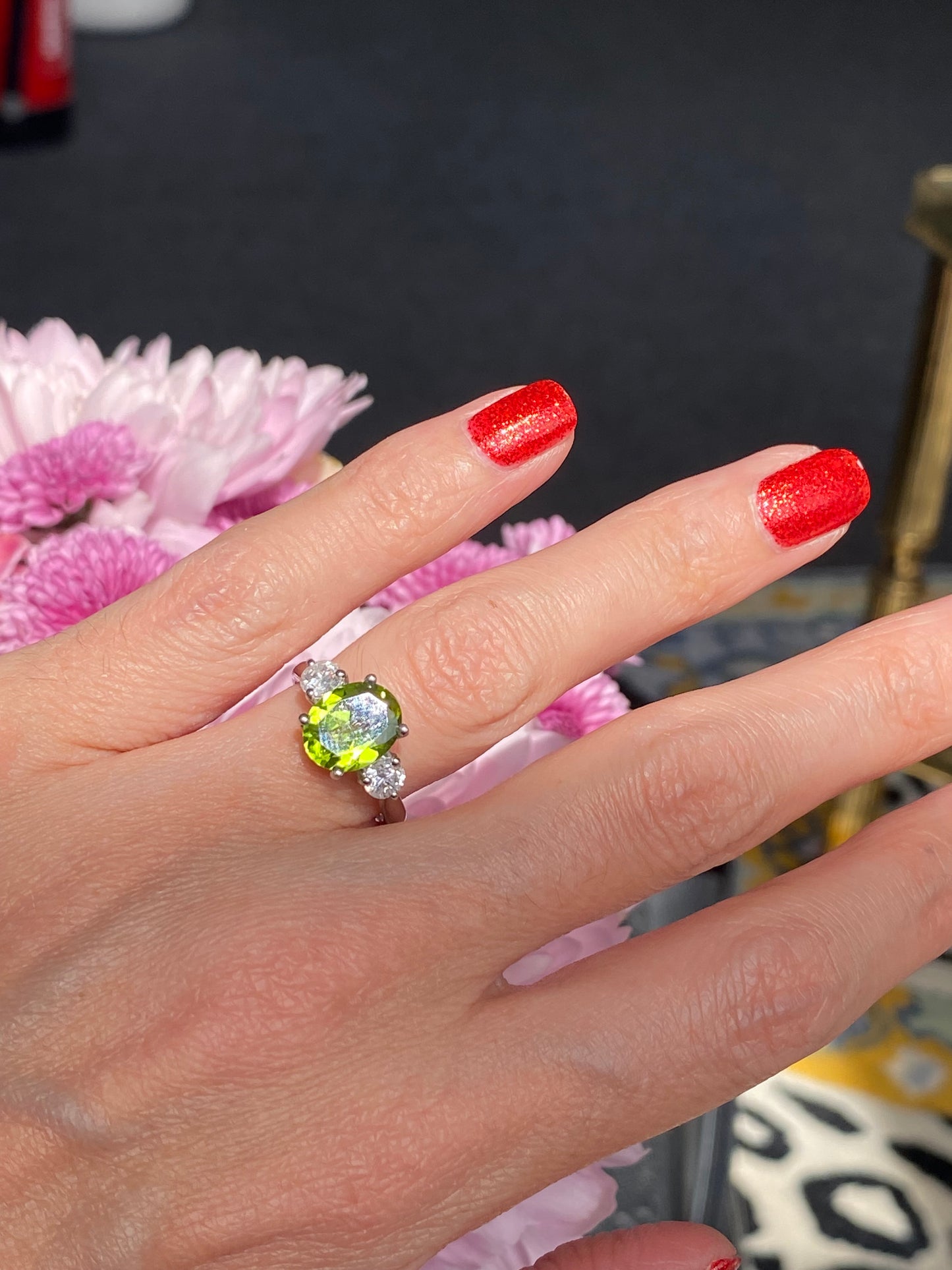 2.61 Carat Peridot and Natural Diamond Three Stone Ring