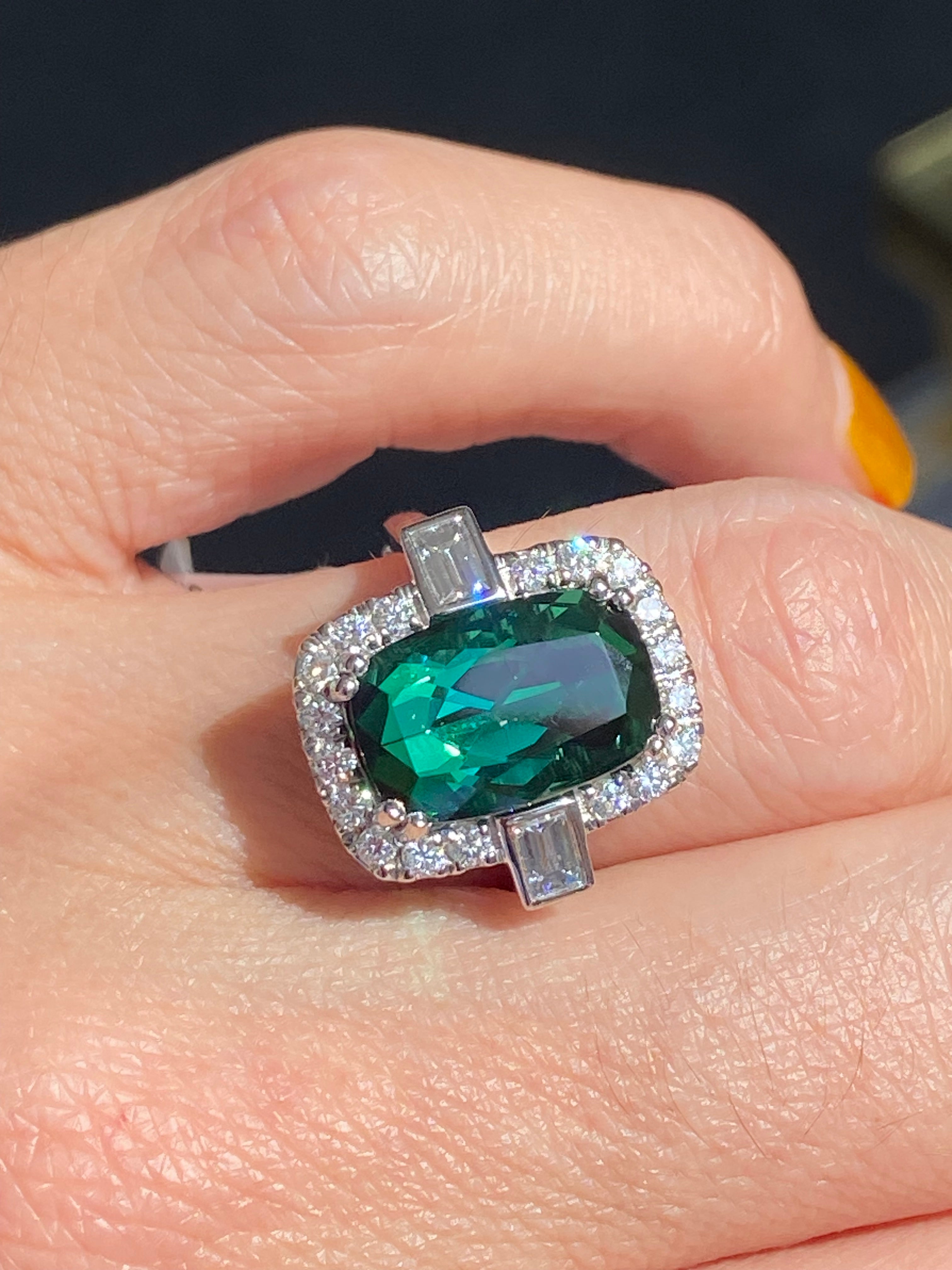 6.35 CTW Cut Teal Tourmaline and Natural Diamond Ring in Platinum
