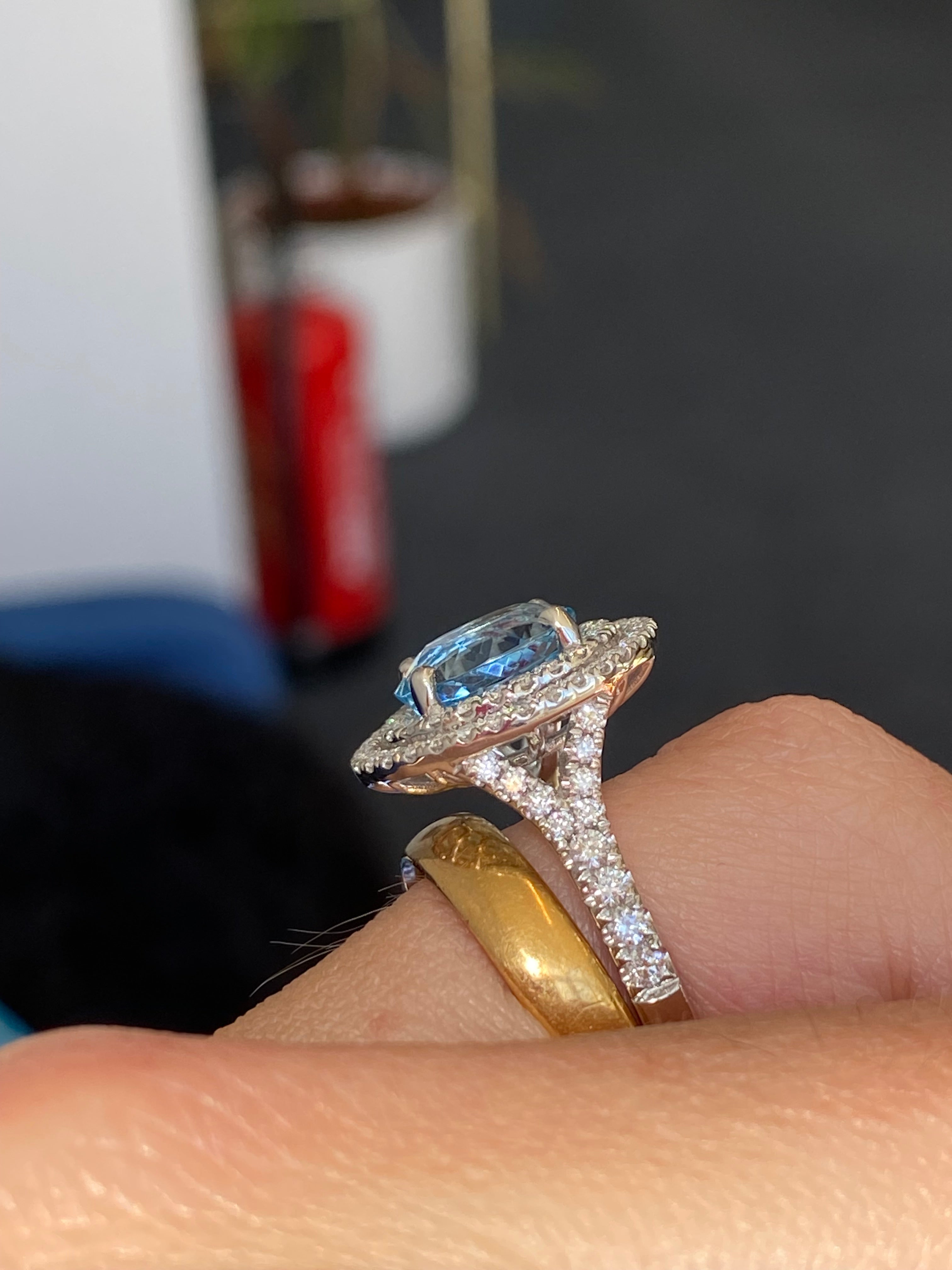 3.23 CTW Oval Cut Aquamarine and Natural Diamond Double Halo Engagement Ring in Platinum