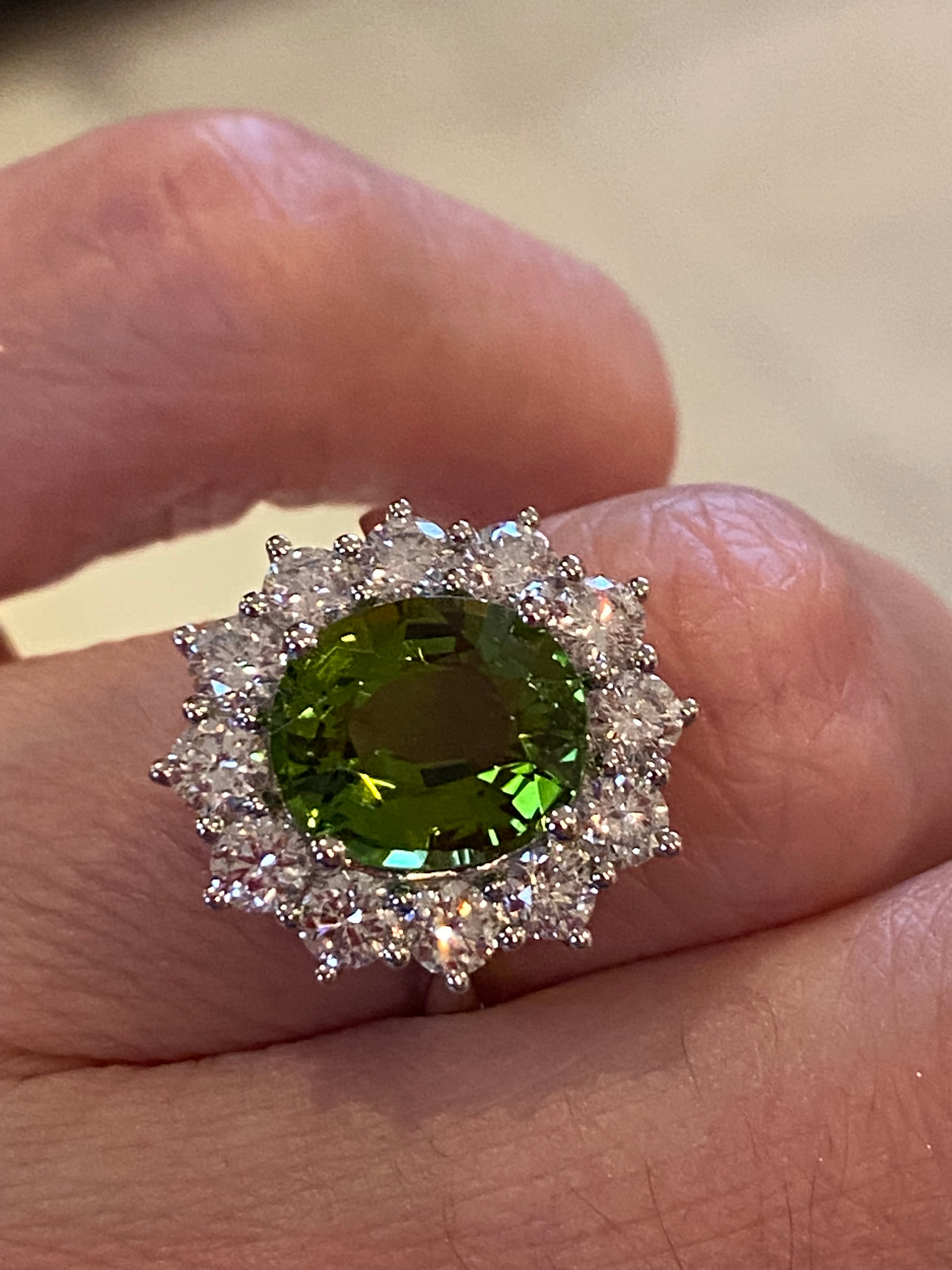 4.99 CTW Green Tourmaline and Natural Diamond Halo Ring in Platinum
