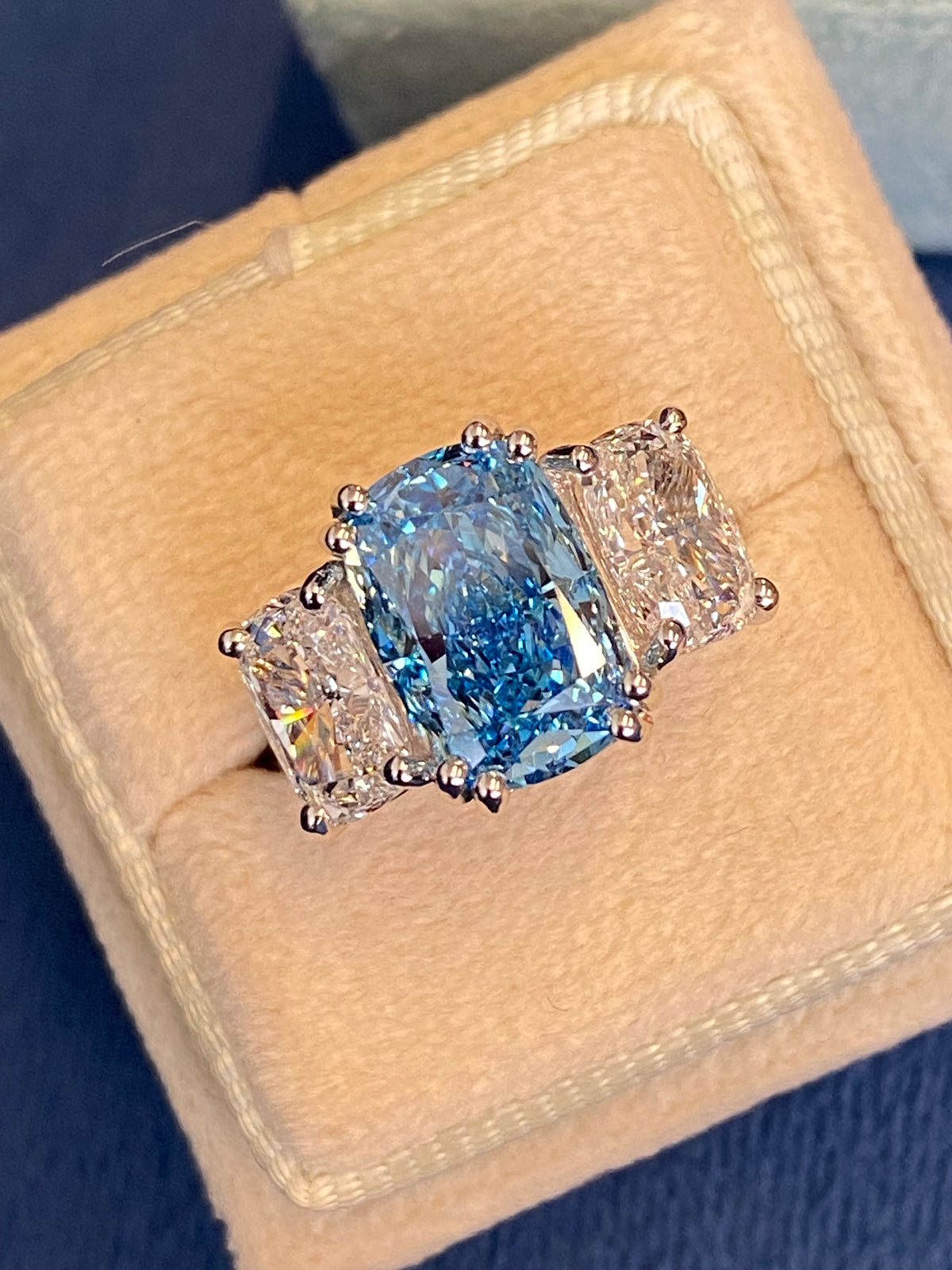 6.60 CTW Fancy Blue Cushion Cut Lab Diamond Graduated Three Stone Ring in Platinum
