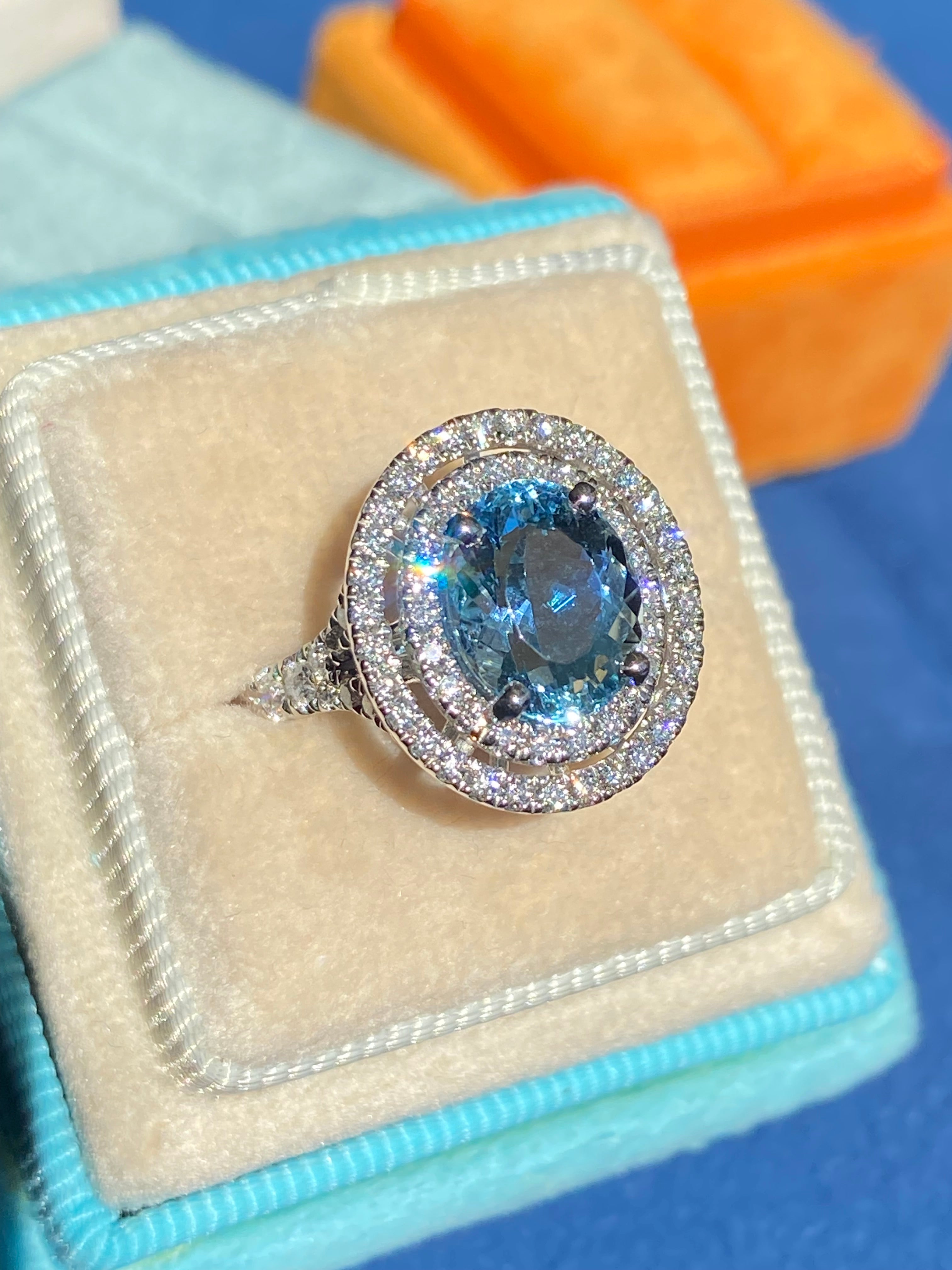3.23 CTW Oval Cut Aquamarine and Natural Diamond Double Halo Engagement Ring in Platinum