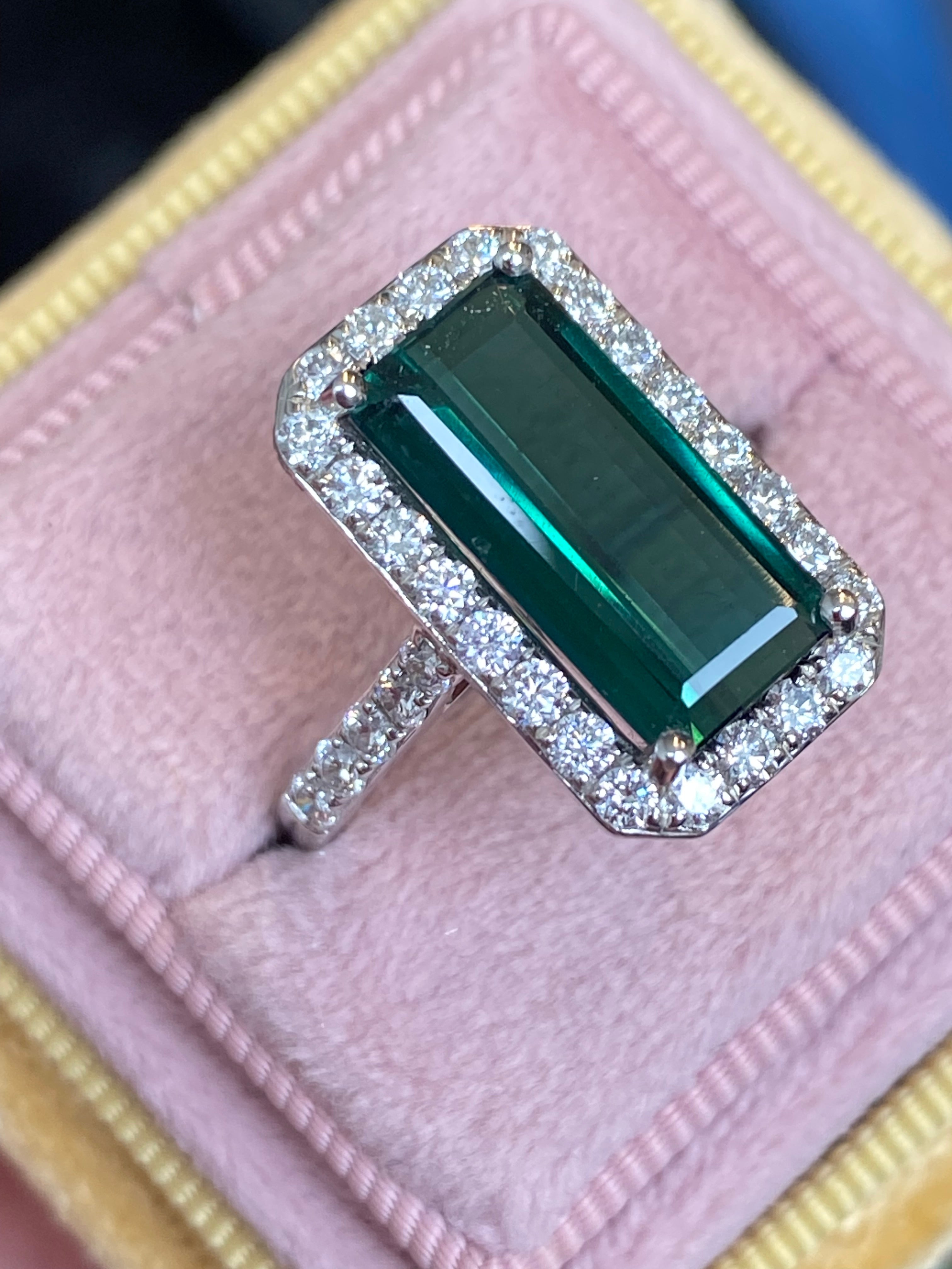 5.28 CTW Emerald Cut Green Tourmaline and Natural Diamond Ring in Platinum