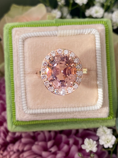 6.00 Carat Oval-Cut Pink Tourmaline and Diamond Halo Ring in 18ct Rose Gold