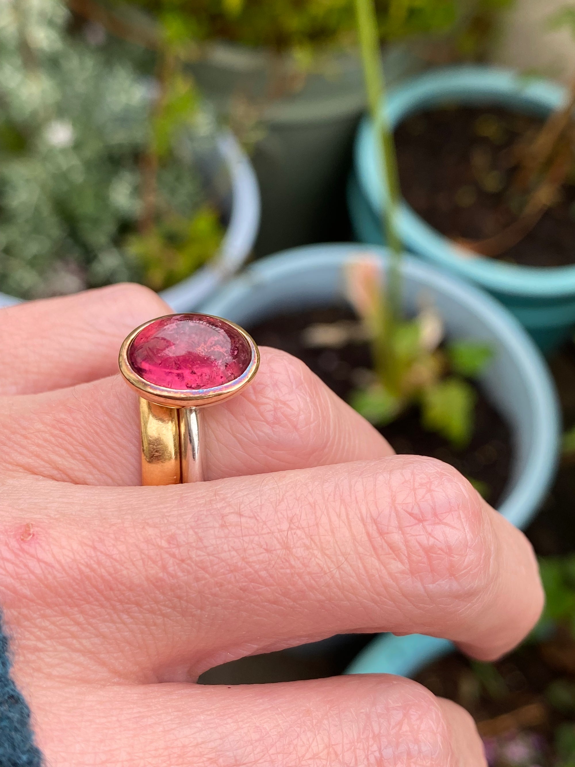 Cabochon Cut Pink Tourmaline Ring in Sterling Silver and 18ct Yellow Gold