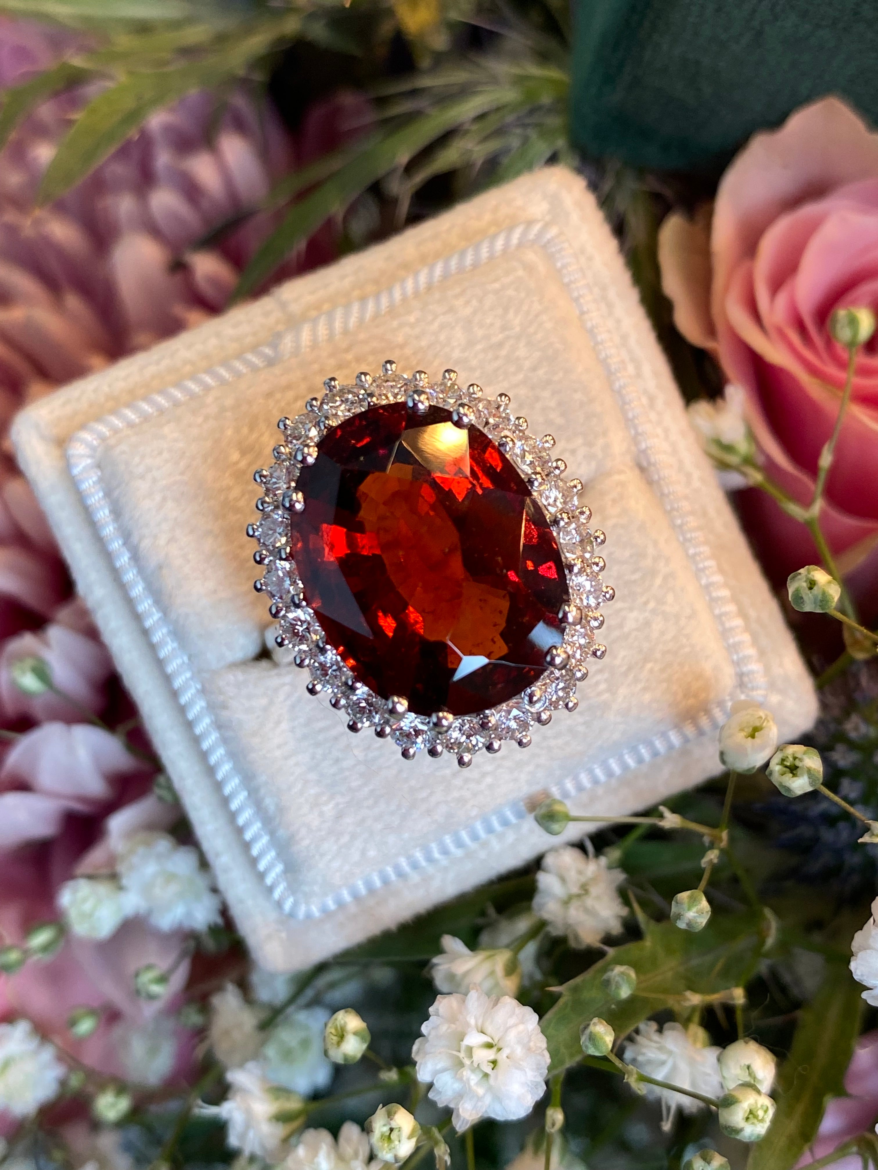 10.41 Carat Hessonite Garnet and Diamond Ring in 18ct White Gold