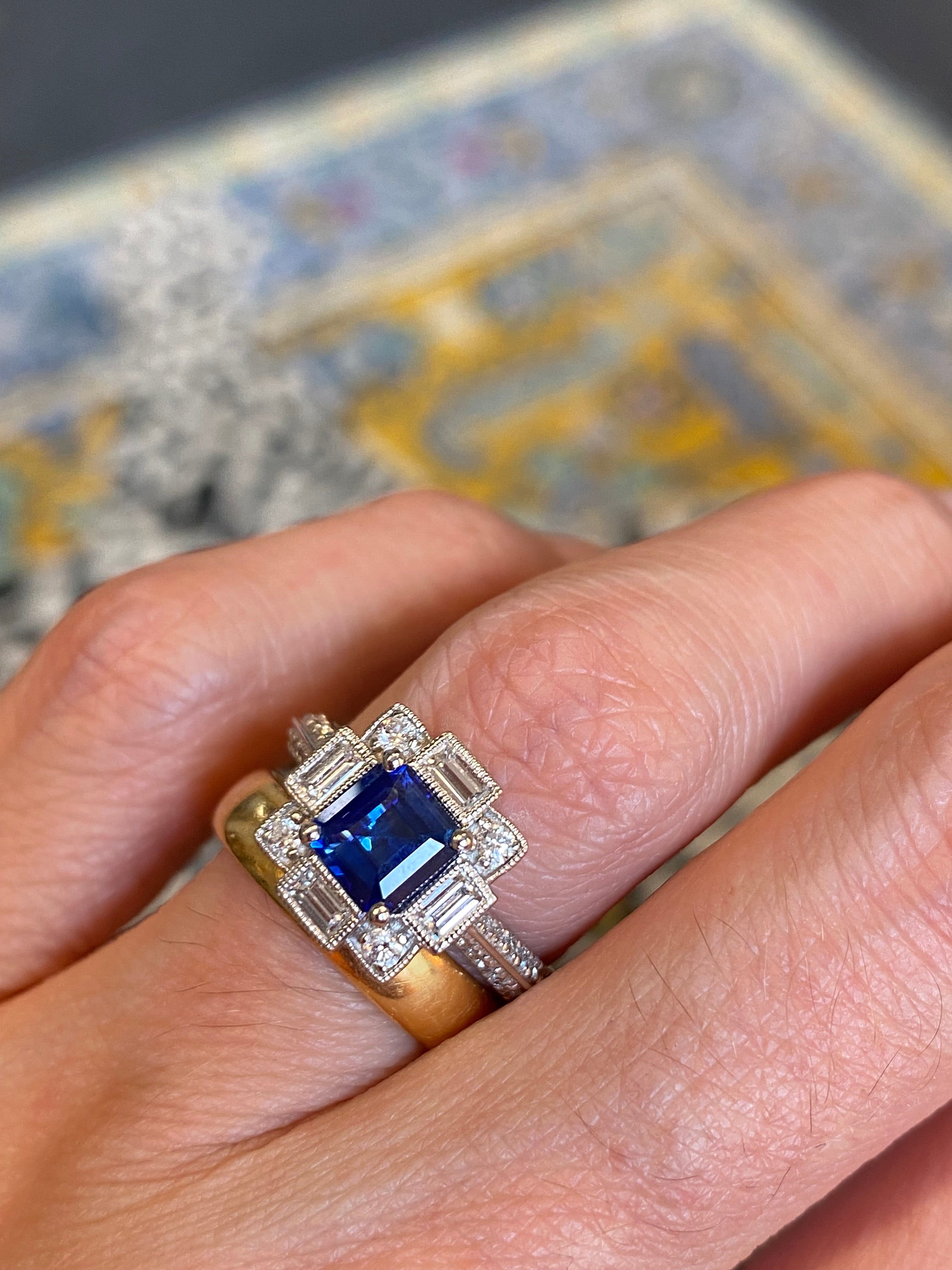 1.79 CTW Blue Ceylon Sapphire and Natural Diamond Art Deco Style Halo Ring in Platinum