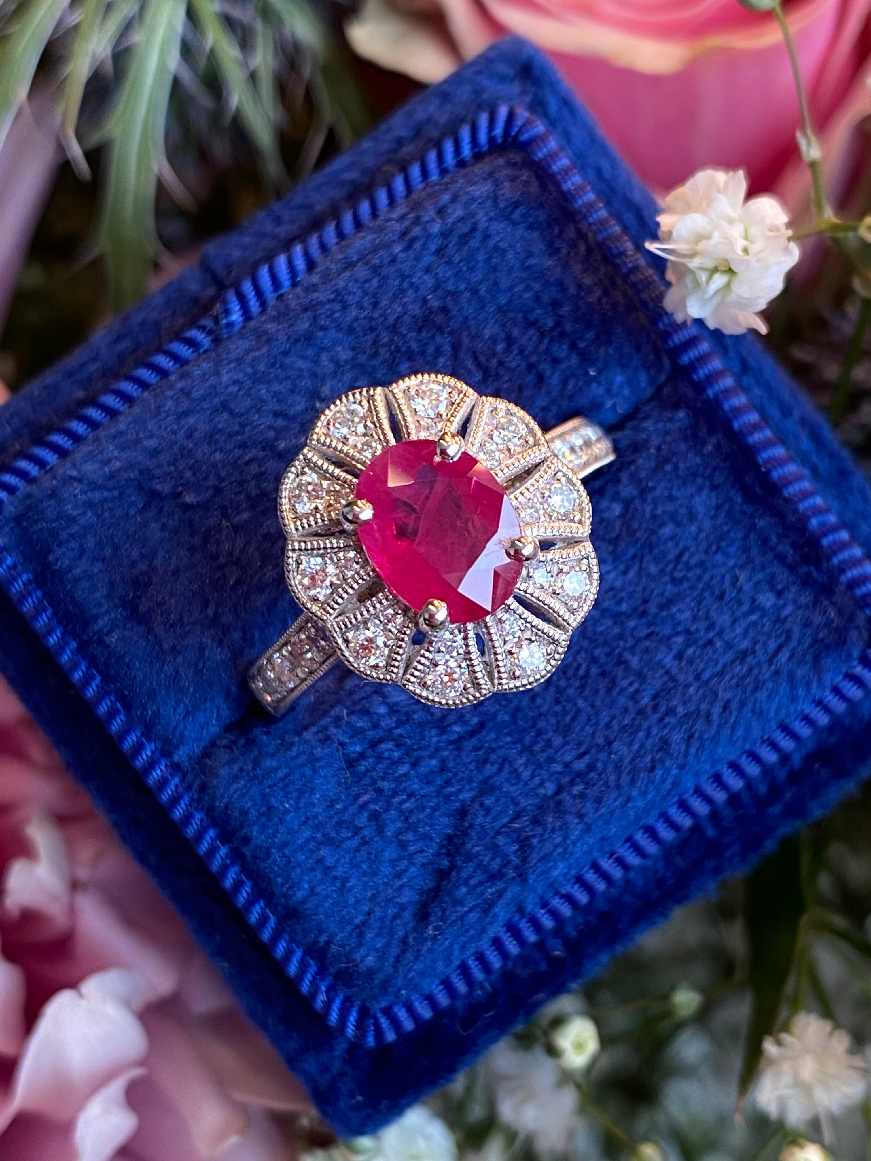 1.71 CTW Oval Cut Ruby and Diamond Art Deco Style Ring in Platinum