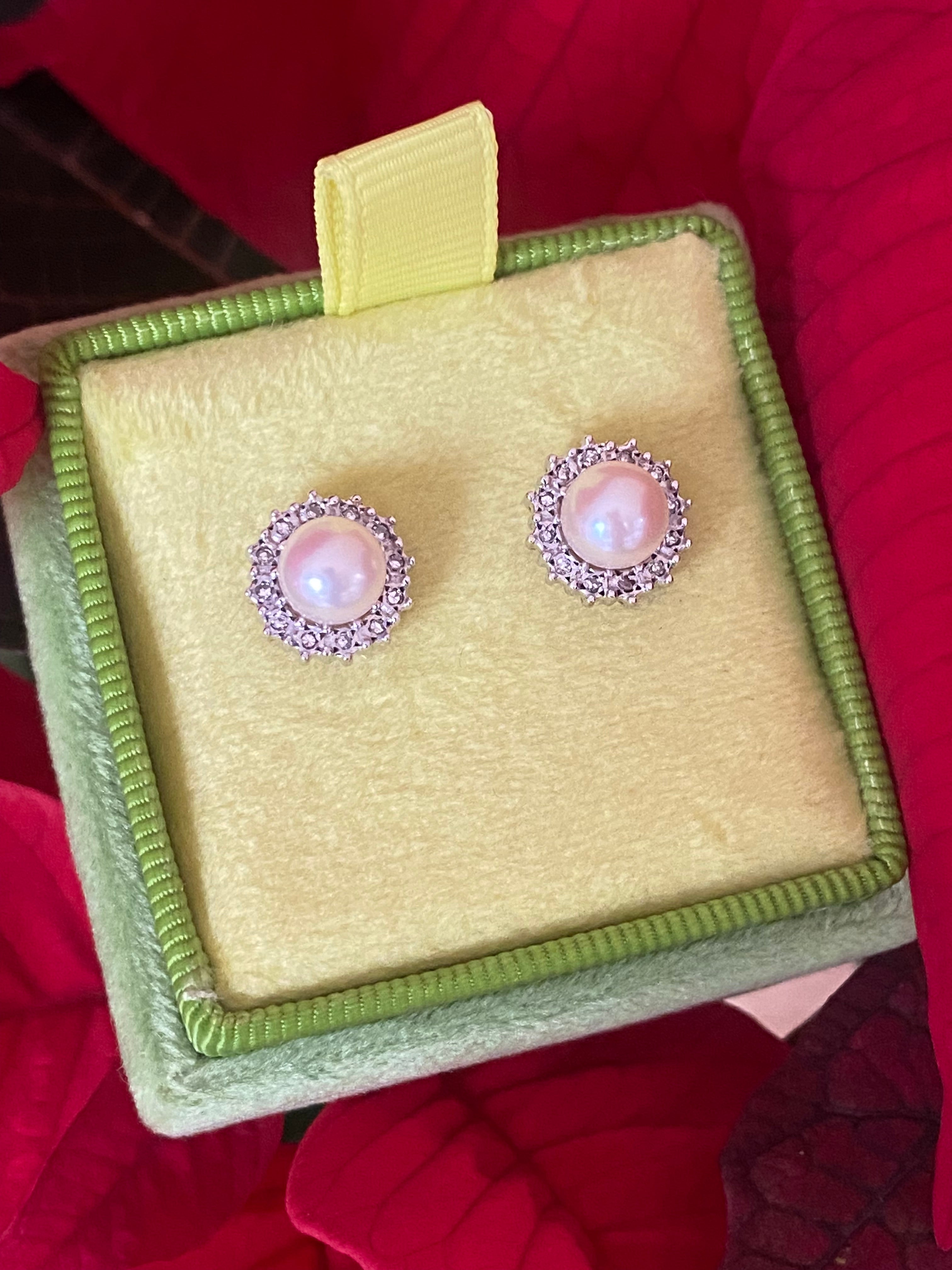 Vintage Pearl and Natural Diamond Stud Earrings in 9ct Yellow Gold